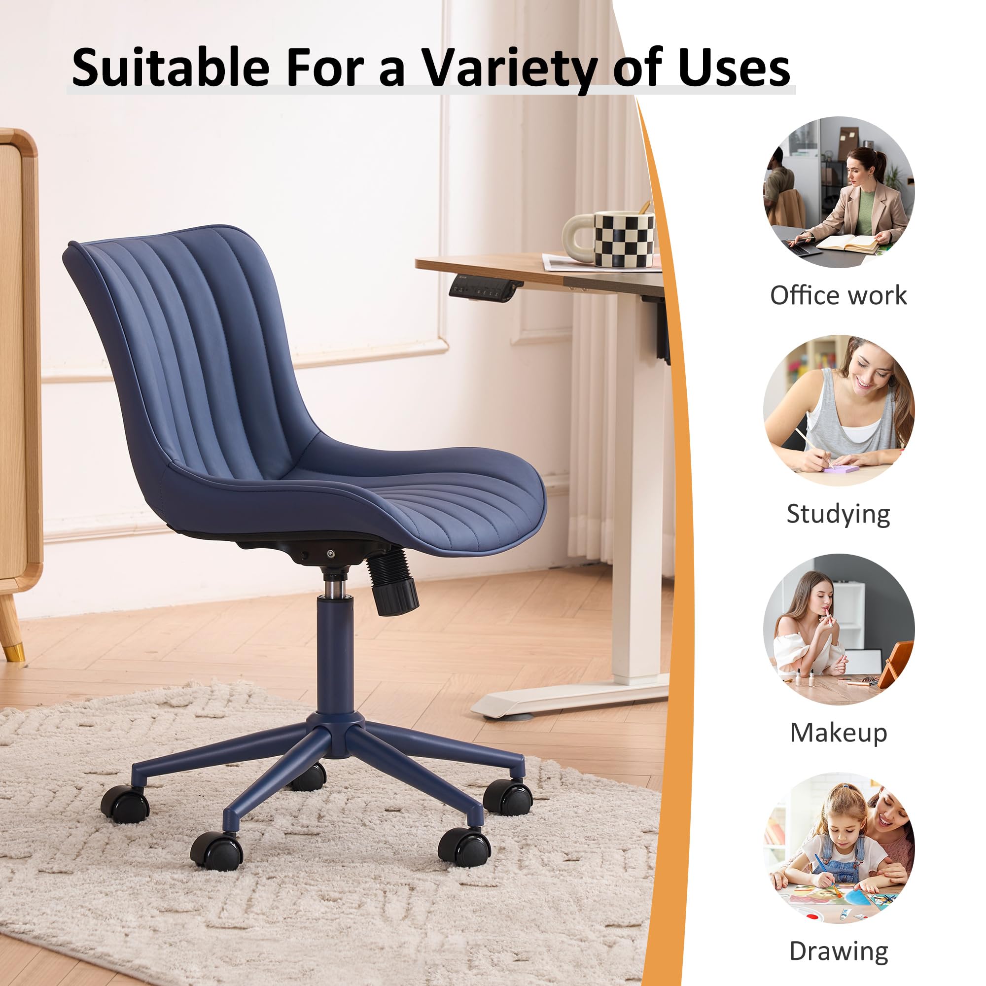 Office Desk Chair with Wheels Armless Vanity Chair with Back Comfy Leather Upholstered Rolling Task Chair Swivel Small Cute Sewing Chair No Arms Wide Ergonomic Mid-Century Modern Navy Blue