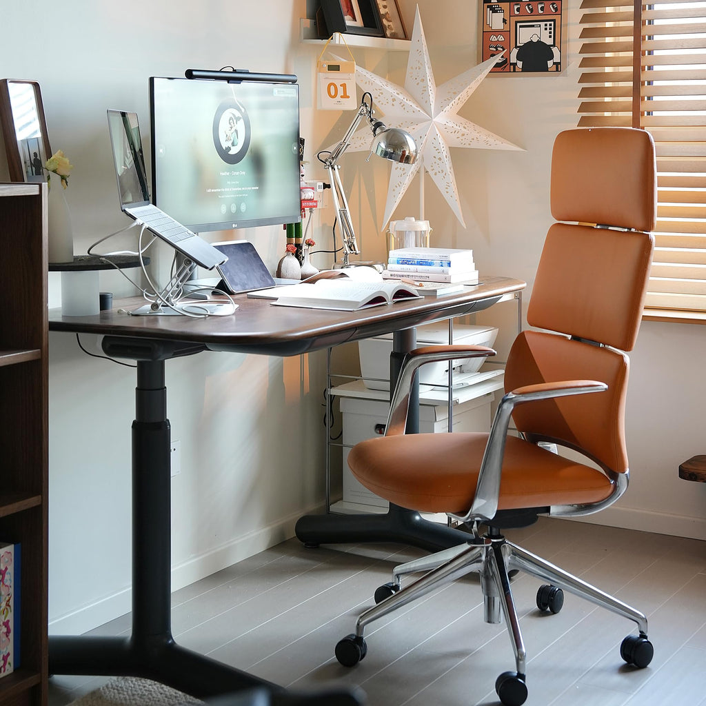 Executive Leather Office Chair, Top Grain Genuine Leather Executive Chair High Back with headrest, Adjustable Tilt & Height, Ergonomic Swivel Chair with Wheels (Orange)