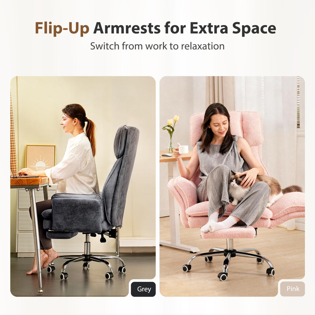 Big and Tall Office Chair, Flip Armrests for Pets & Cross Legged Sitting, Executive Ergonomic Computer Gaming Chair with Foot Rest, Teddy Fleece Wide Seat Reclining Desk Chair, Pink