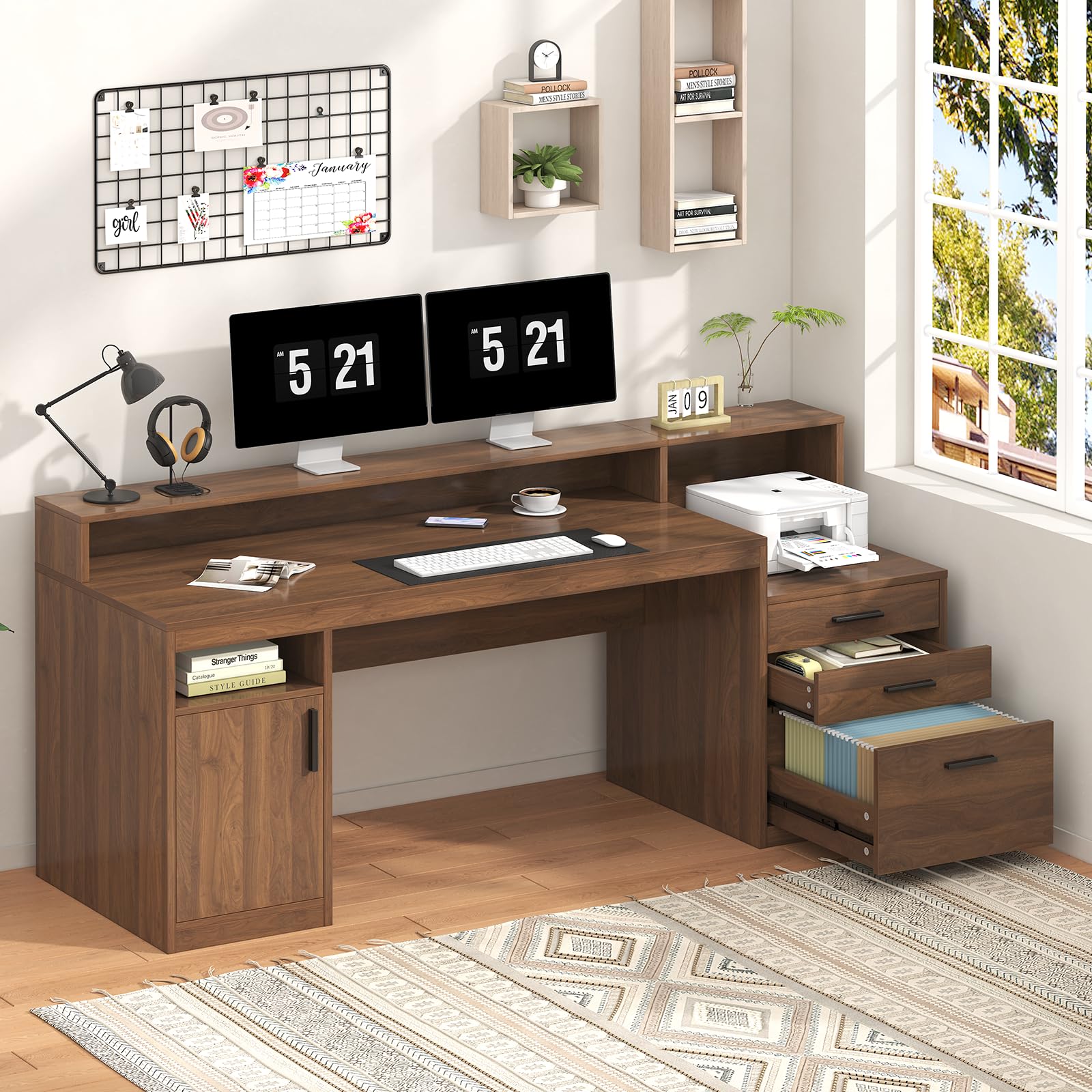 Computer Desk with 3 Drawers & Storage Shelves, 65 Inch Home Office Desk with File Drawer & Cabinet, Writing Study Desks with Monitor Stand & Printer Shelf, Executive Desk, Brown