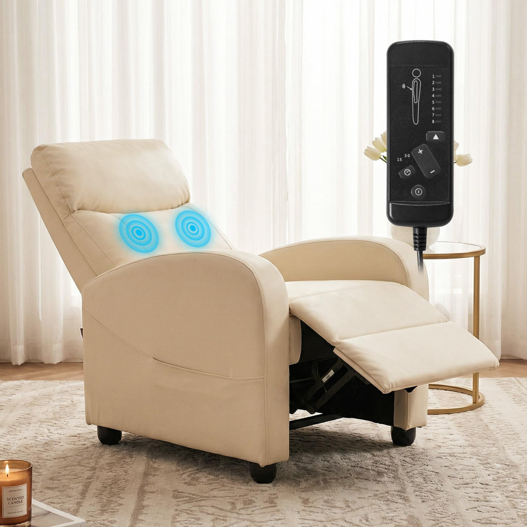 Massage Recliner Chair for Adults, Adjustable Home Theater Seating with Lumbar Support for Living Room, Modern Fabric Reclining for Small Space, Beige