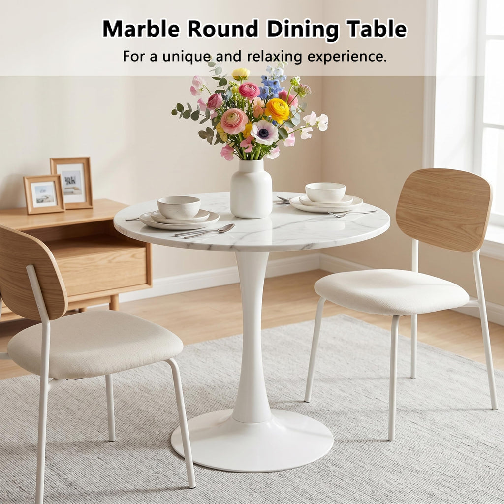 Sybrioka 27.6" Marble Round Tulip Table, Mid-Century Modern Style Dining Table with White Pedestal Base for 2-4 People, Featuring A Marble Tabletop for Kitchen, Dining Room, Cafe (White)