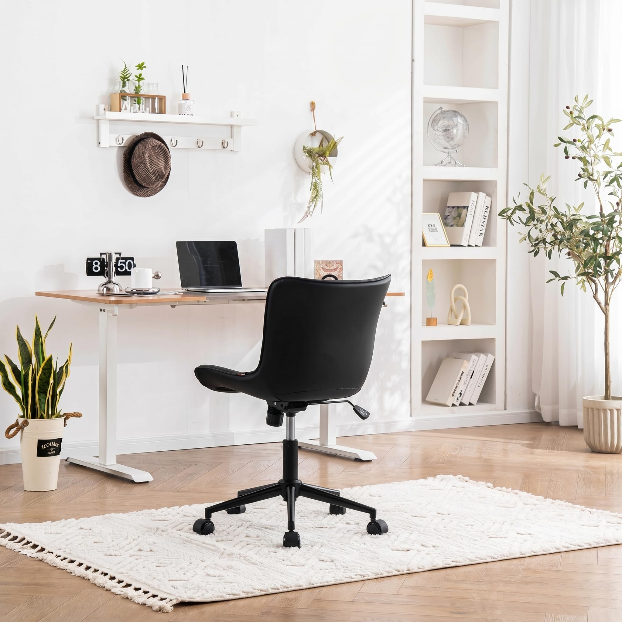 Black Home Office Desk Chair with Wheels Comfy Armless Small Vanity Chair with Adjustable Rocking Back Modern Leather Upholstered Rolling Computer Chair Swivel Task Drafting Chair Cute Compact