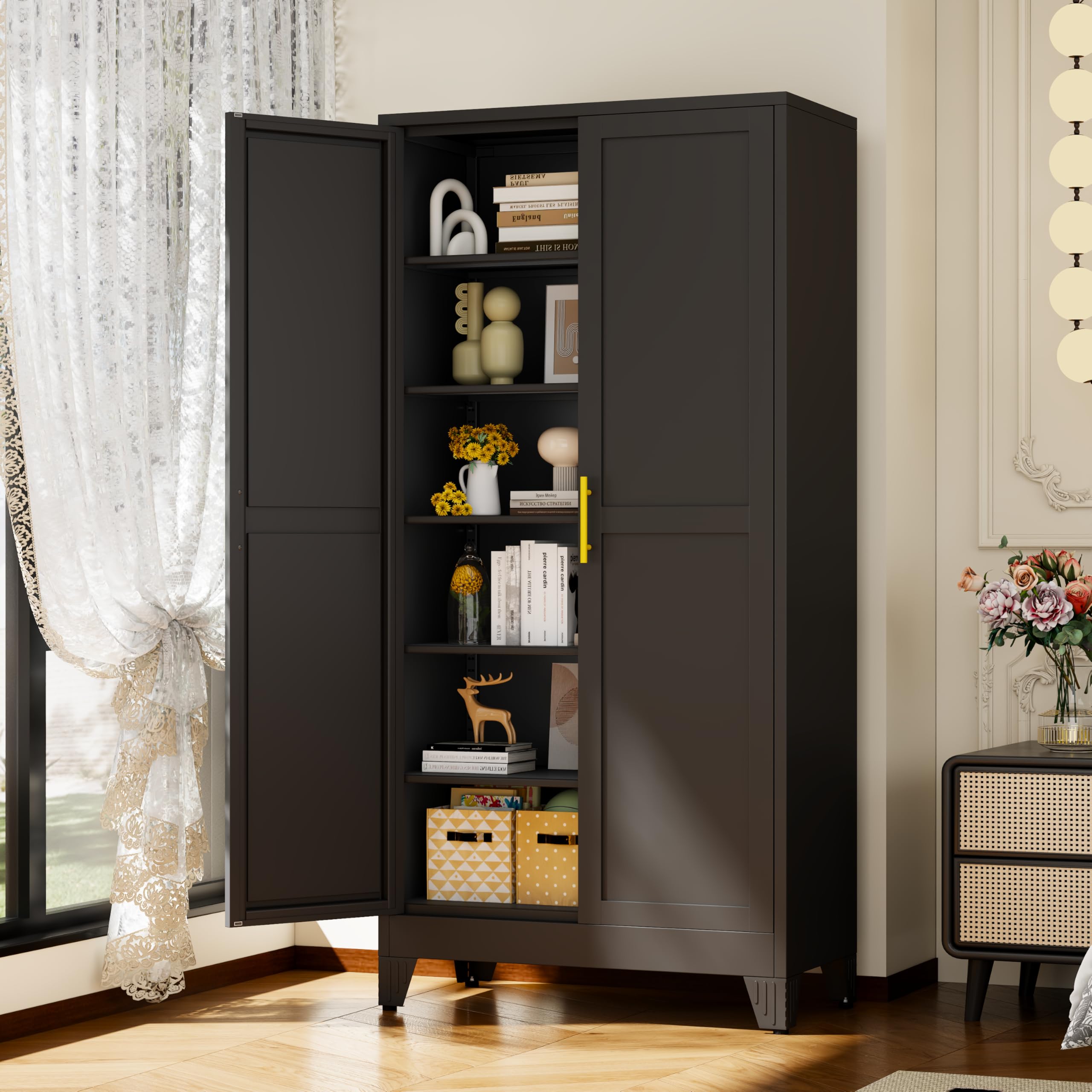 Black Metal Storage Cabinet,75" Steel Cabinets for Home Office