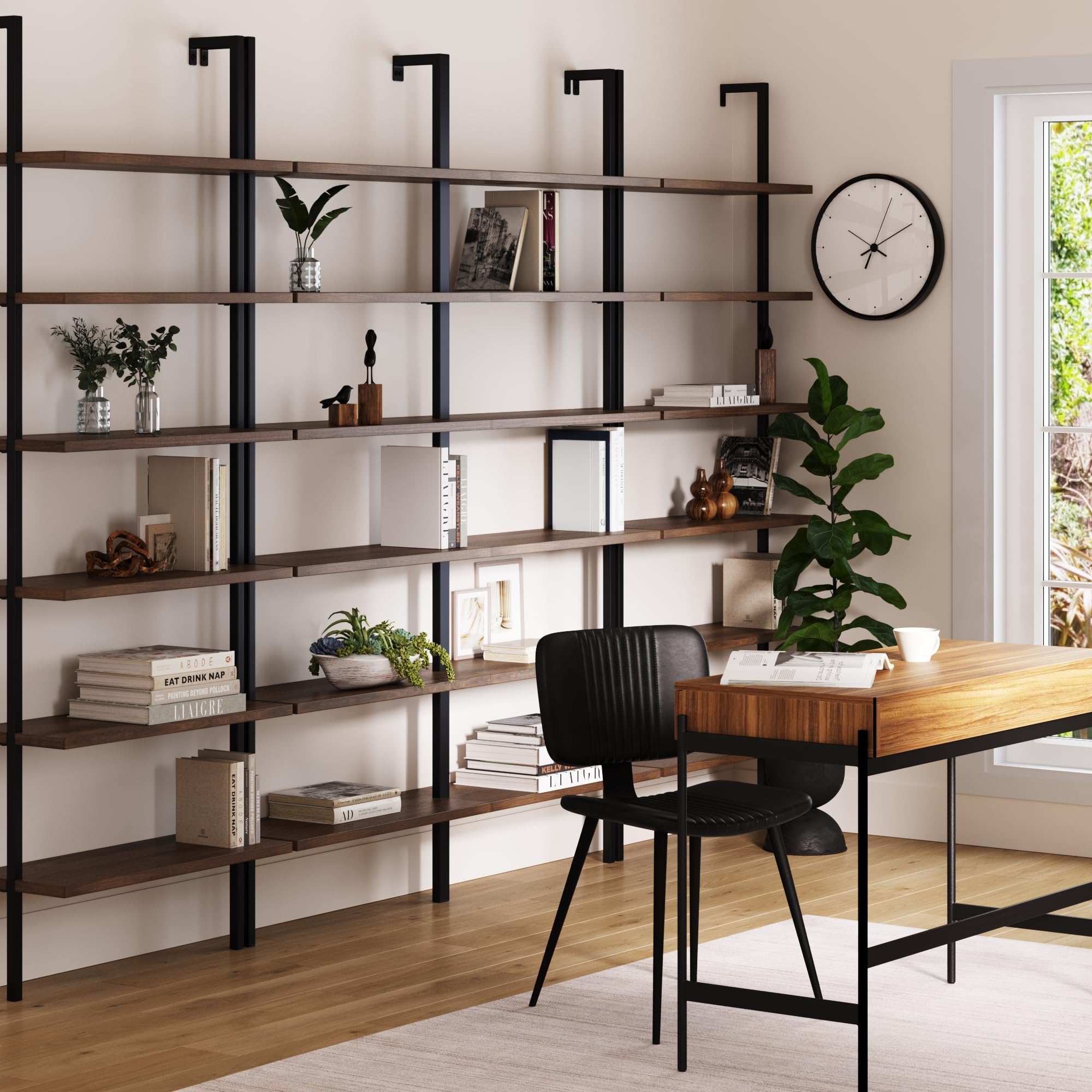 Set of 4, 6-Shelf Tall Bookcase, Wall Mount Bookshelf with Reclaimed Oak Wood and Industrial Metal Frame, Reclaimed Oak/Matte Black