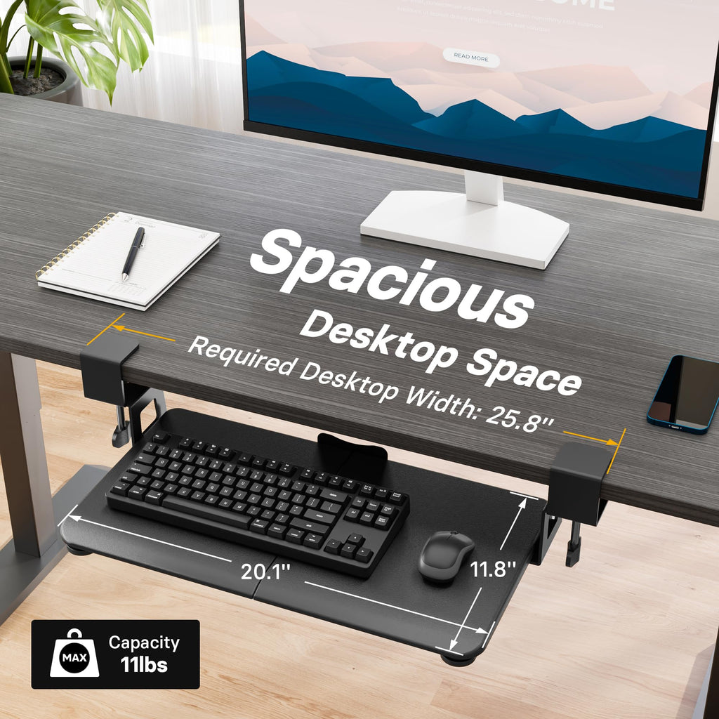 Under Desk Keyboard Tray, Pull-Out Keyboard & Mouse Platform with C-Clamp, 20 x 11.8 in Space-Saving Ergonomic Slide-Out Drawer, Black