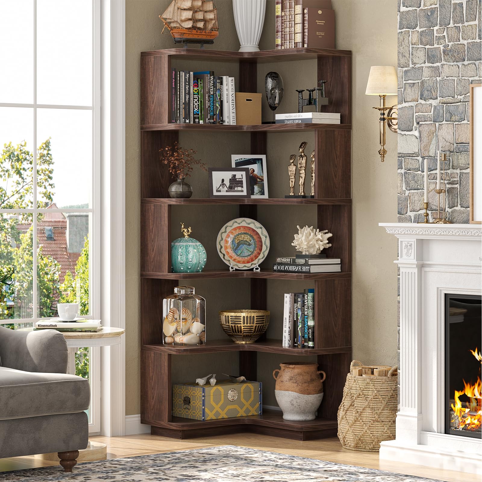Corner Book Shelf, 6-Shelf L Shaped Corner Bookshelf with Baffle