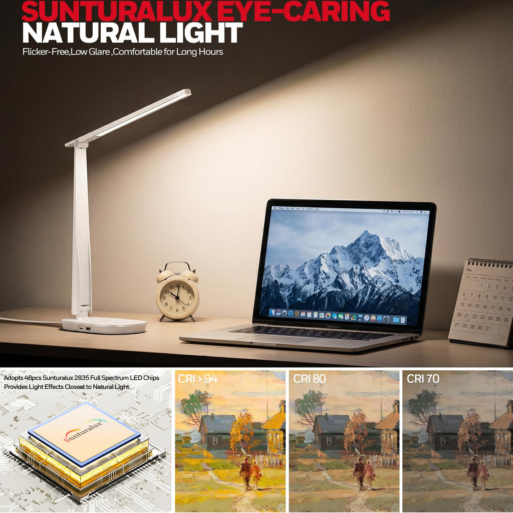 LED Desk Lamp for Home Office, Eye-Caring Dimmable Reading Light with 4 Color Modes, Touch Control, USB-A & USB-C Charging Ports, Adjustable Head, Timer for Bedroom & Small Desks