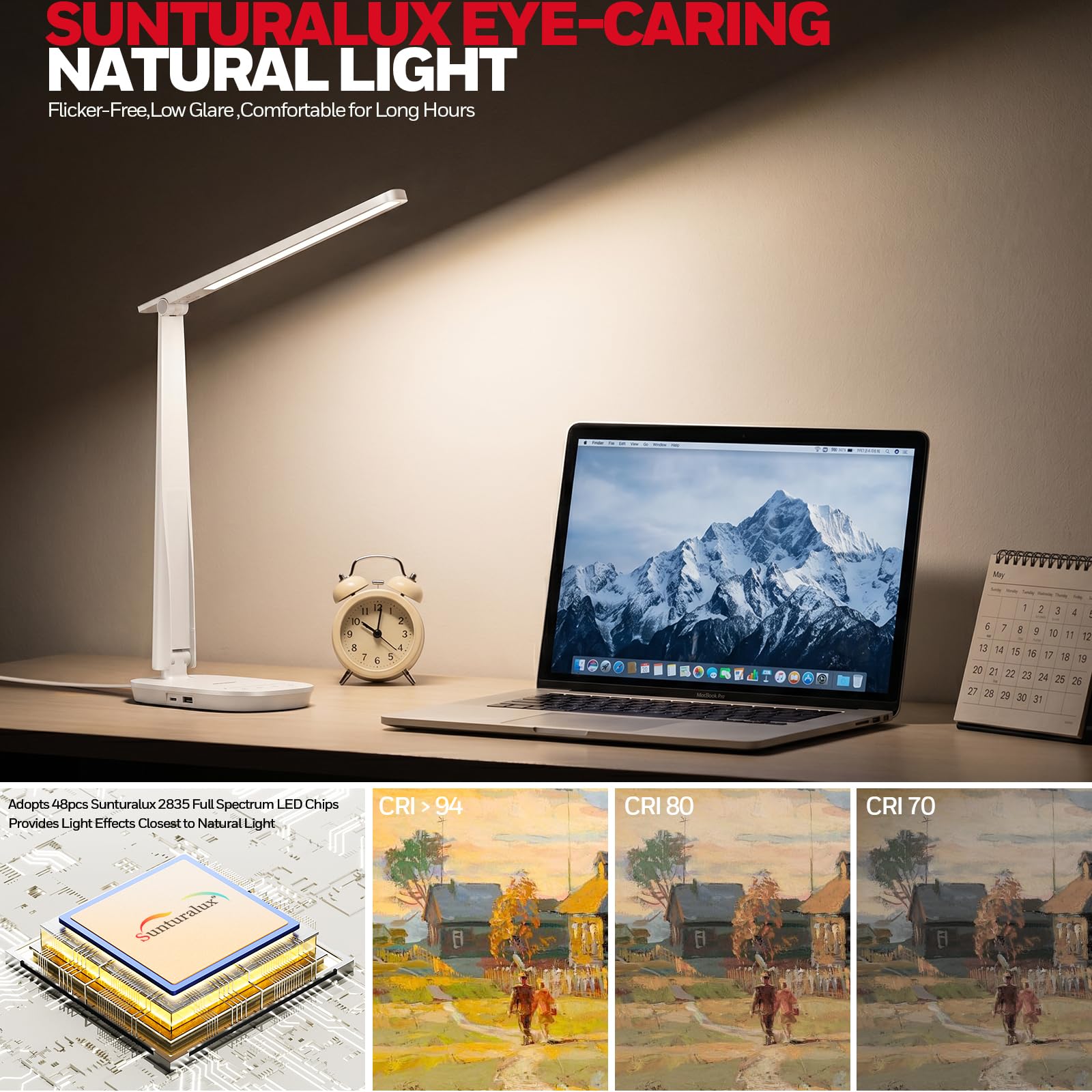 LED Desk Lamp for Home Office, Eye-Caring Dimmable Reading Light with 4 Color Modes, Touch Control, USB-A & USB-C Charging Ports, Adjustable Head, Timer for Bedroom & Small Desks
