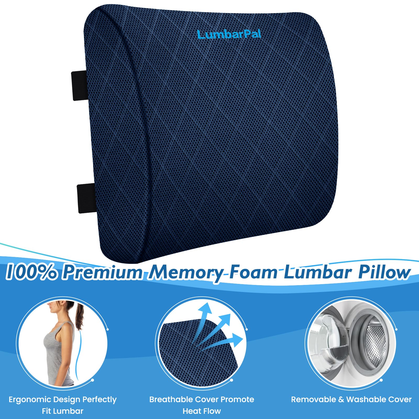 Lumbar Support Pillow for Office Chair Back Support Lumbar Pillow for Car, Gaming, Office Chair - Improve Sitting Posture & Back Pain Relief, Memory Foam, Adjustable Straps, Blue