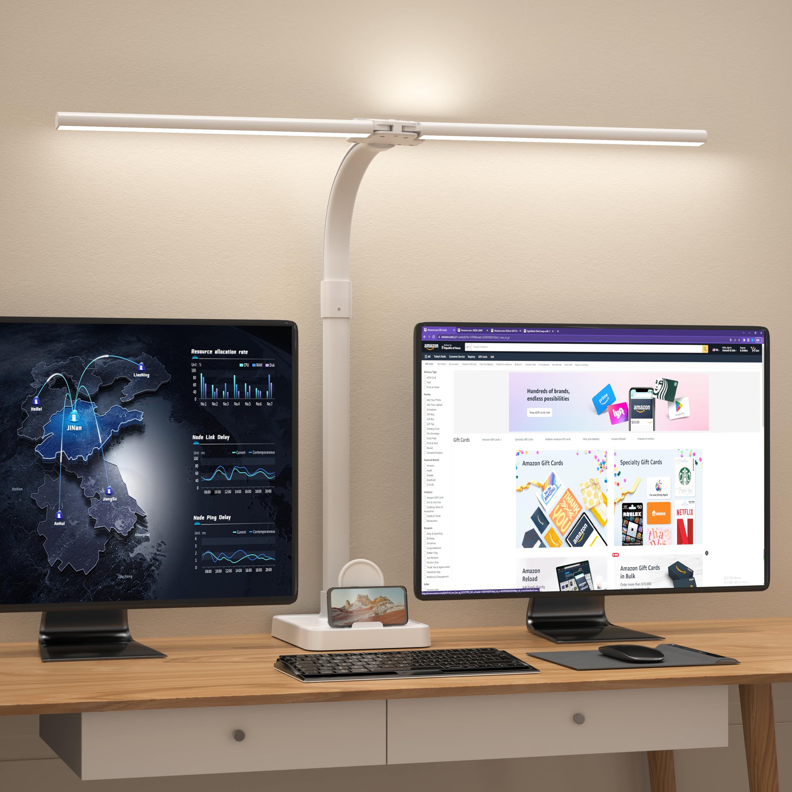 Led Desk Lamp for Office,24W Bright Eye-Caring Desk Light with Base,5 Brightness and 5 temperatures Dimmable Workbench Task Light, Adjustable Gooseneck Table Lamp for Monitor(White)