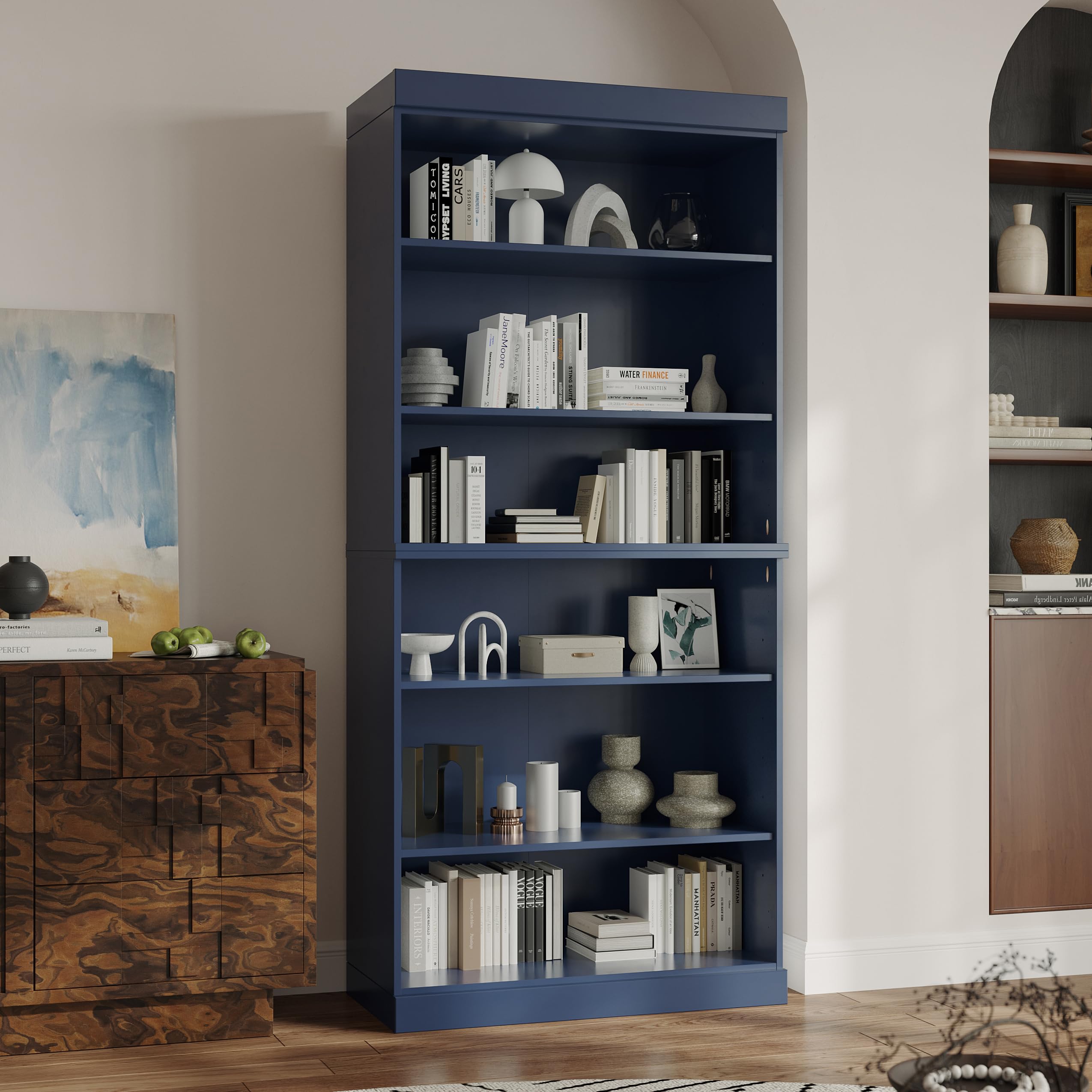 Solid Wood Bookcase - Stackable Modular 6-Tier Bookshelf - 71.5" Tall x 32" W - Navy Blue, Open Display Shelf for Living Room, Office, Renewable 100% Eco-Friendly Wood, Made in Brazil