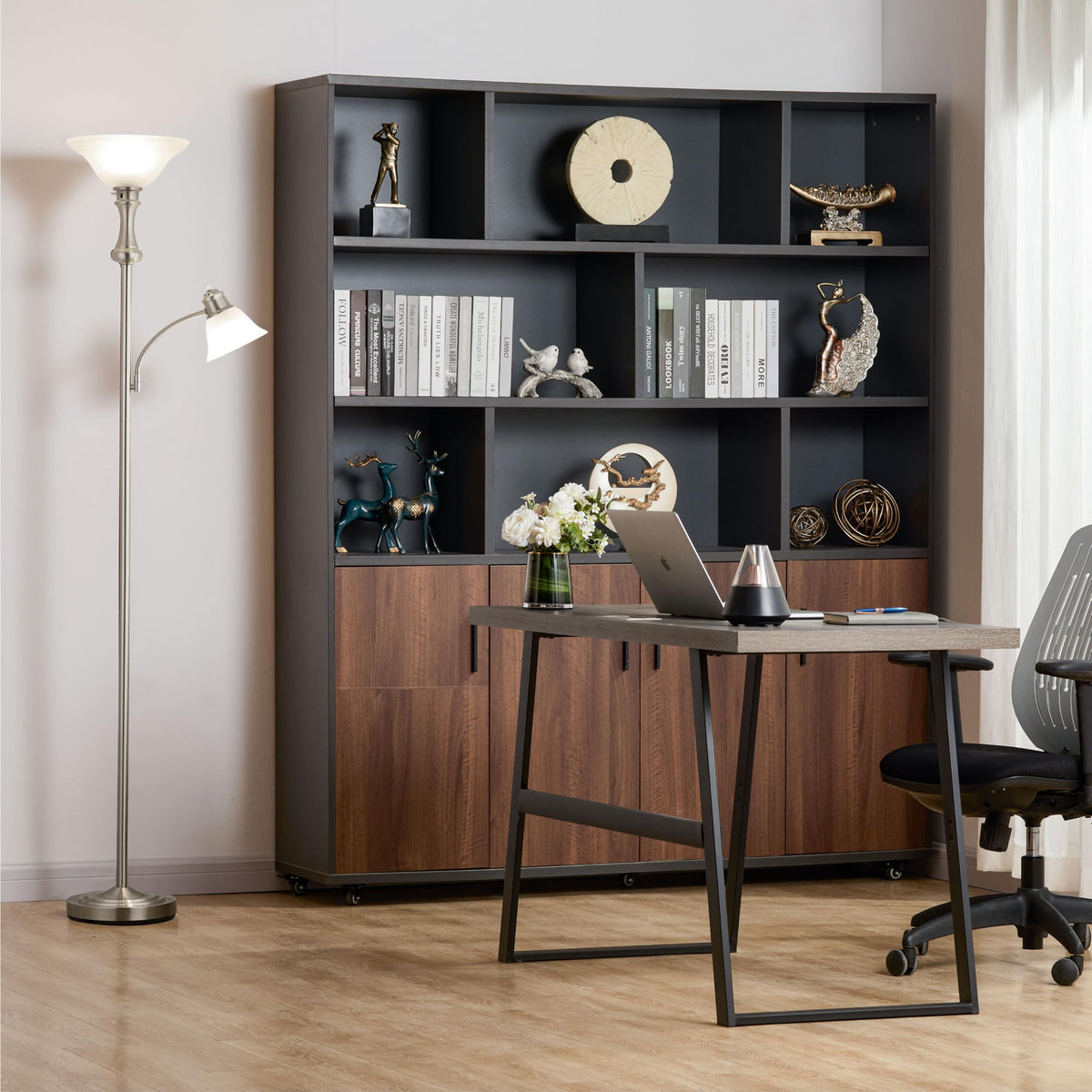 Torchiere Silver Floor Lamp with Adjustable Angle Reading Lamp-71IN