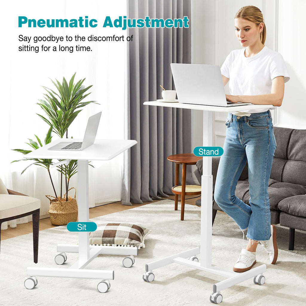 Mobile Small Standing Desk, Portable Rolling Laptop Desk with 2 Lockable Wheels, Adjustable Height Computer Workstation for Home Office, 19 Inch White