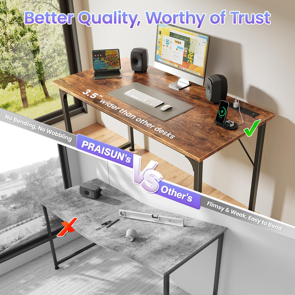 40 X 20 Inch Computer Desk with Power Outlets and USB-C Port, Gaming Office Desk with Deeper Desktop, Writing Work Desk for Home Office, Study, Bedroom, Metal Frame, Rustic Brown
