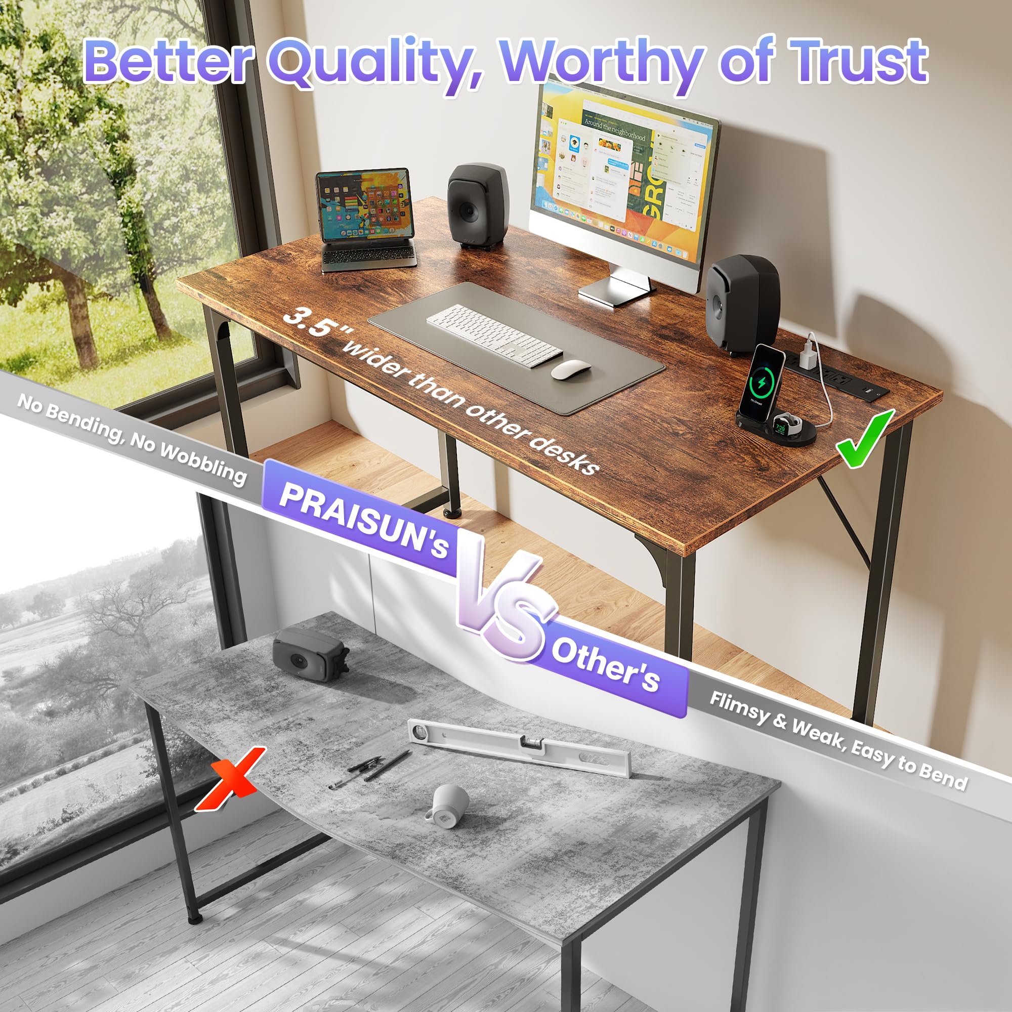 40 X 20 Inch Computer Desk with Power Outlets and USB-C Port, Gaming Office Desk with Deeper Desktop, Writing Work Desk for Home Office, Study, Bedroom, Metal Frame, Rustic Brown