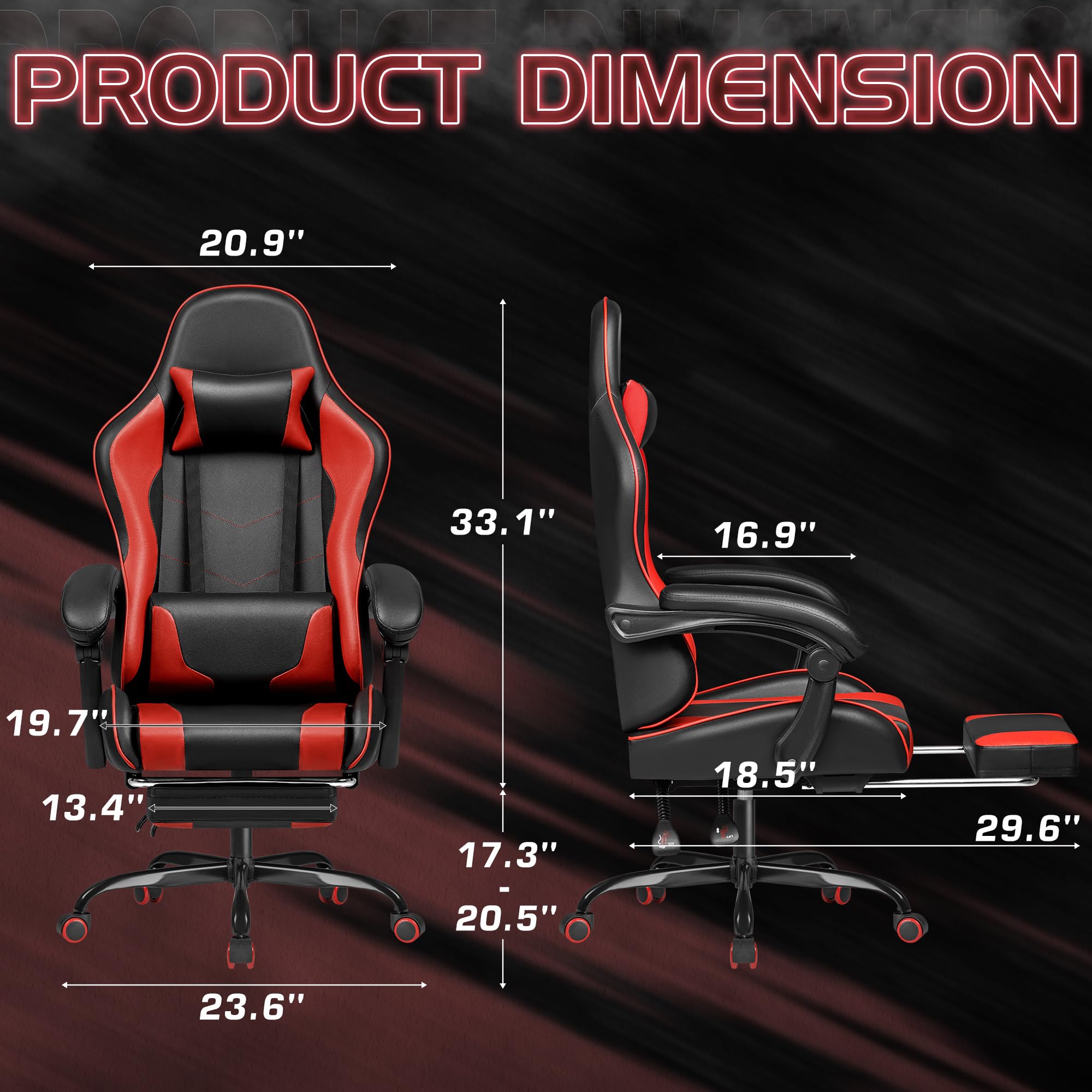 Gaming Chair, Video Game Chair with Footrest and Massage Lumbar Support, Ergonomic Computer Chair Height Adjustable with Swivel Seat and Headrest (Red)