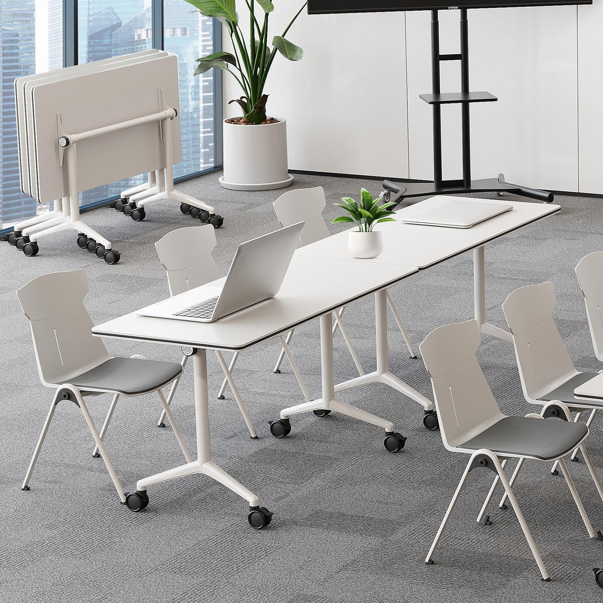 Folding Conference Table with Wheels, Flip-Top, 70.8in, 2 Pack, White