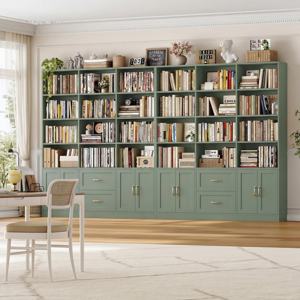 71" Tall Triple Wide Bookshelf with Storage Drawers & Doors, Green