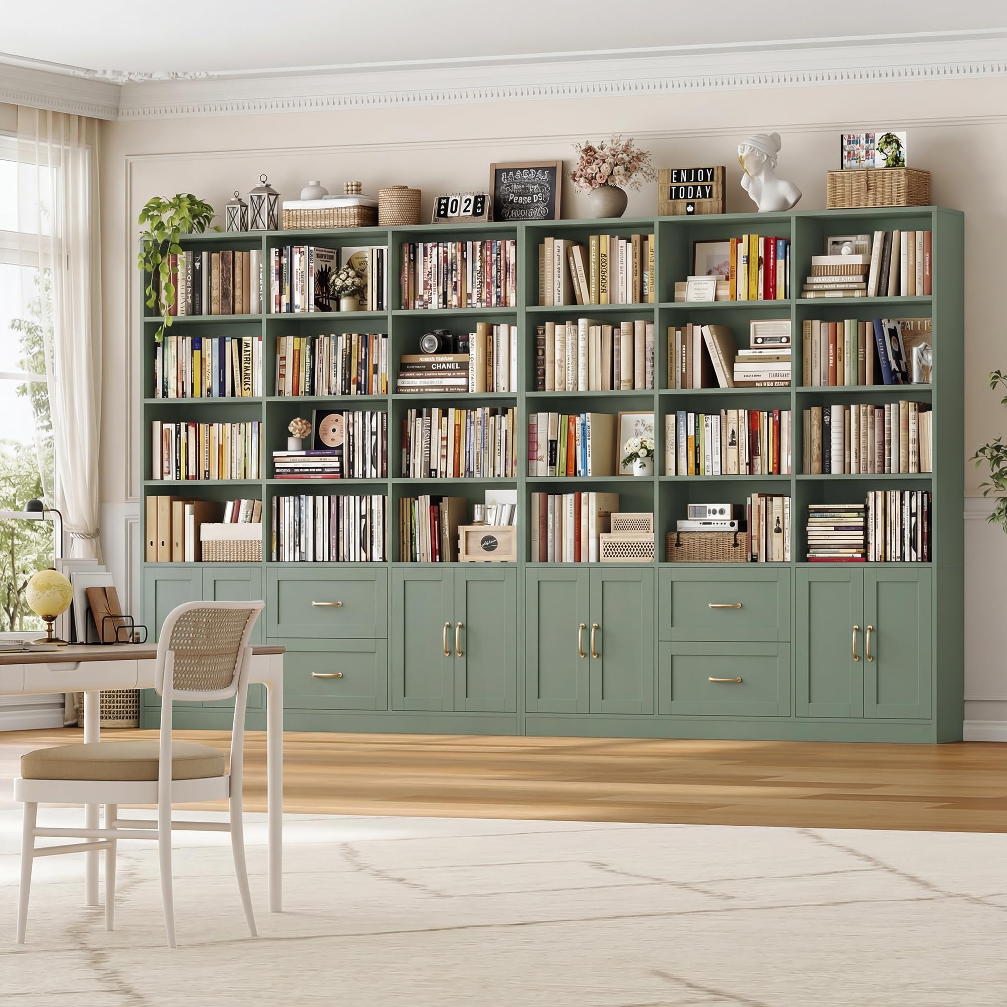 71" Tall Triple Wide Bookshelf with Storage Drawers & Doors, Green