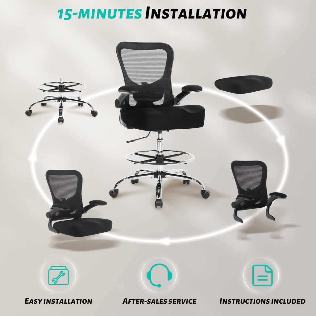 500LBS Ergonomic Drafting Chair Tall Office Chair for Counter Height or Standing Desk, Executive High Office Chairs with W-Shaped Thick Seat Cushion, Footrest Ring & Breathable Fabric, Black