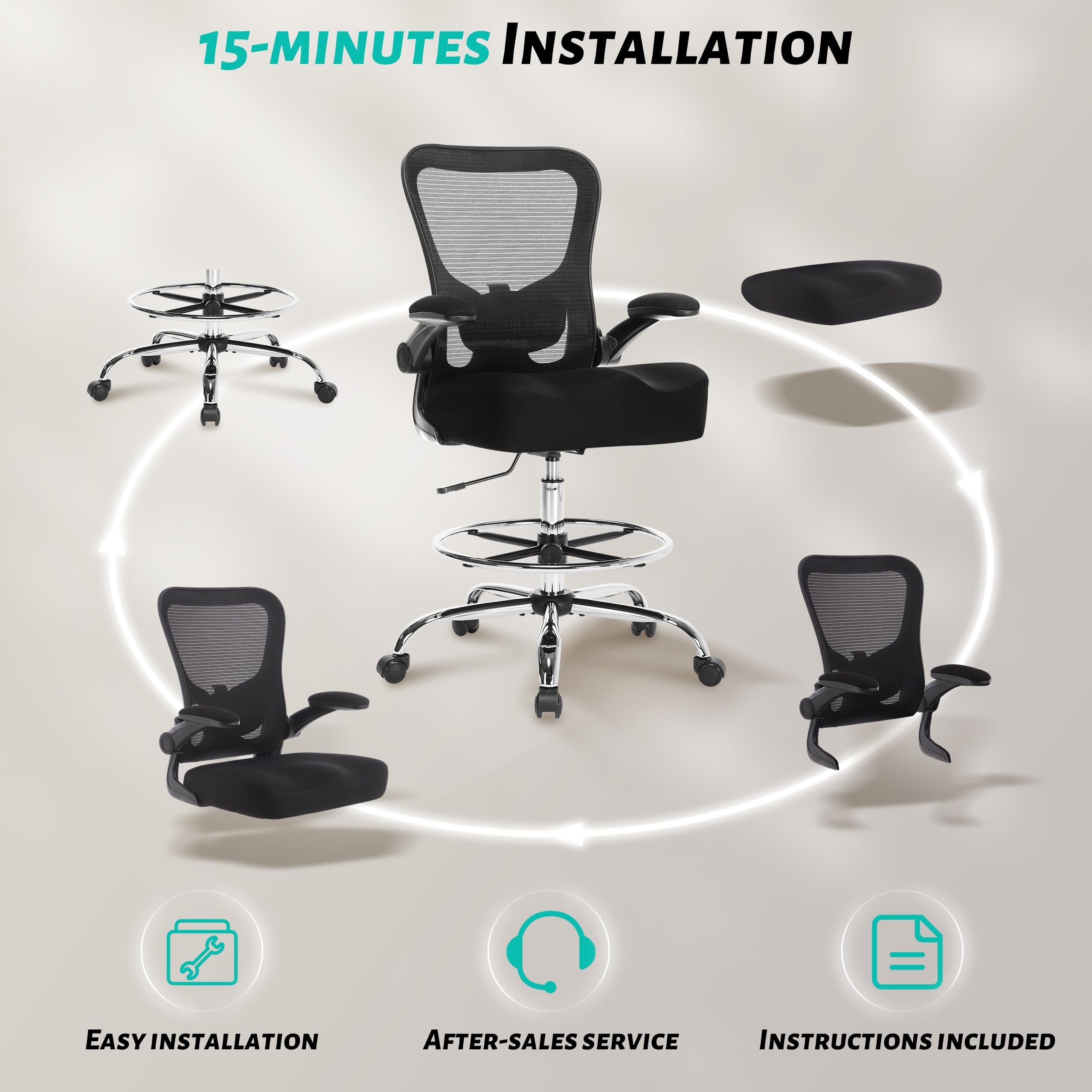 500LBS Ergonomic Drafting Chair Tall Office Chair for Counter Height or Standing Desk, Executive High Office Chairs with W-Shaped Thick Seat Cushion, Footrest Ring & Breathable Fabric, Black