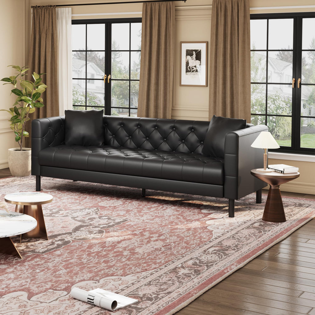 81 in Leather Couch, Modern Leather Sofa with Deep Seat, Handmade Button Tufted 3 Seater Sofa, Chesterfield Couch for Apartment or Office, Black