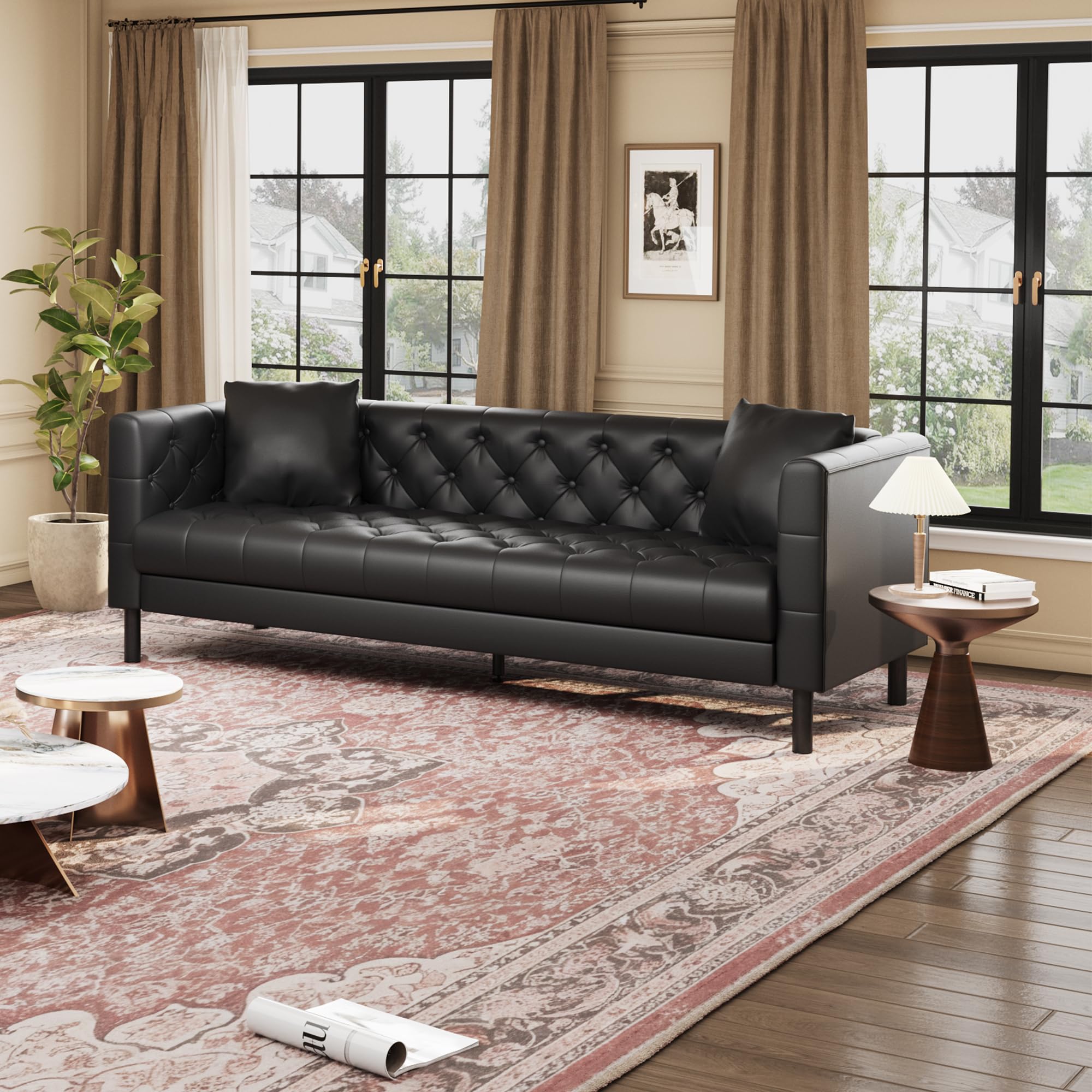 81 in Leather Couch, Modern Leather Sofa with Deep Seat, Handmade Button Tufted 3 Seater Sofa, Chesterfield Couch for Apartment or Office, Black