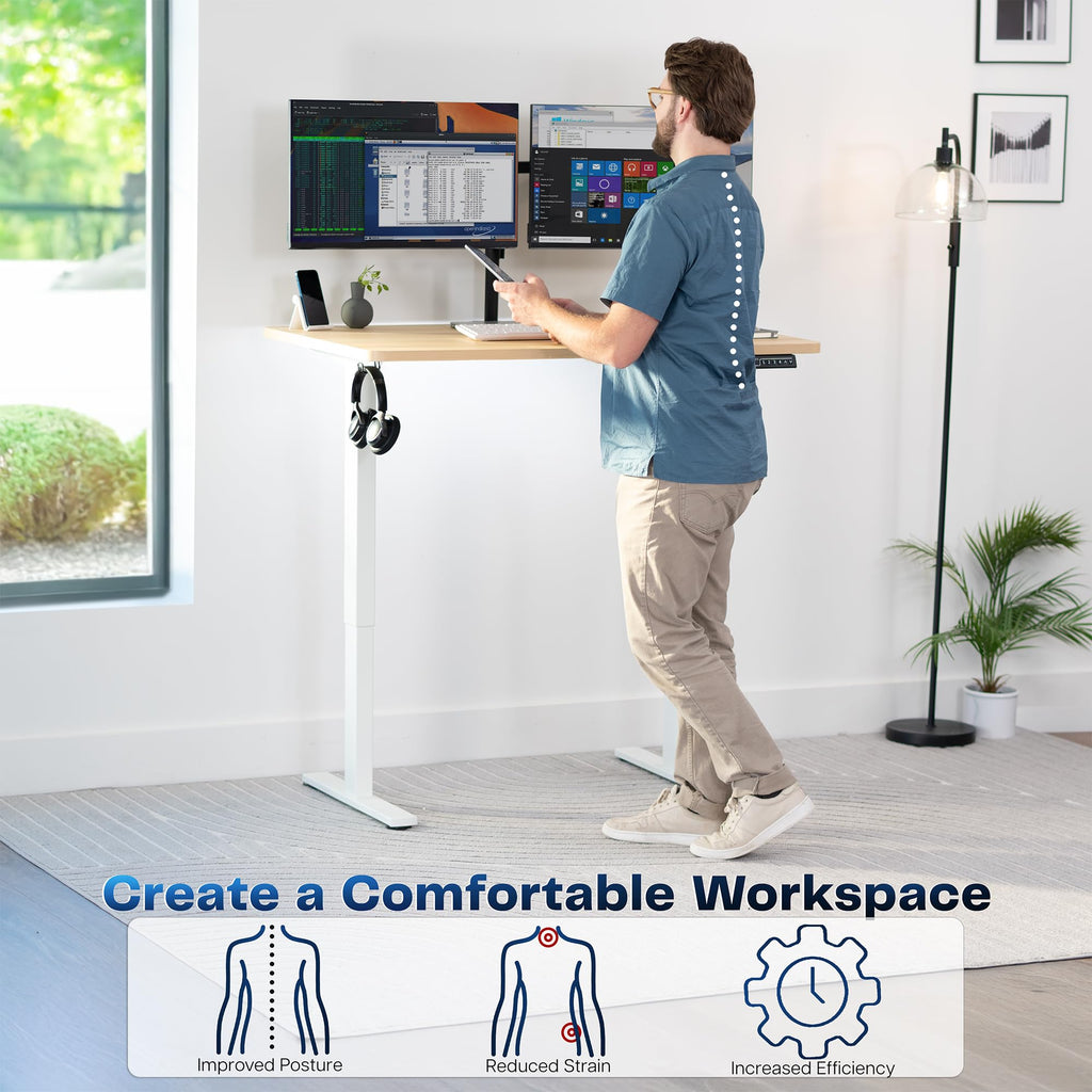 Electric 48 x 30 in Standing Desk, Memory Height Adjustment, 1B Series, Holds 220 lbs, One-Piece Light Wood Top, White Frame