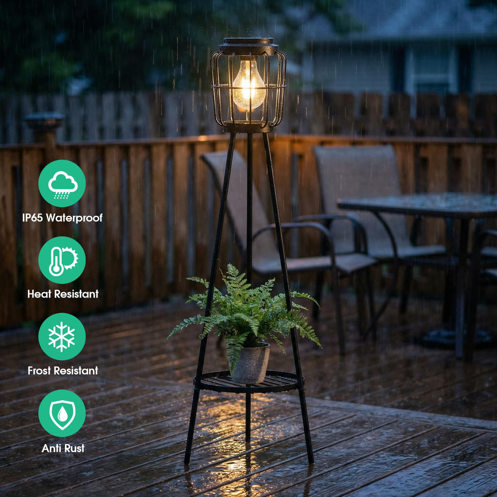 Solar Lights with Plant Stand, Outdoor Floor Lamp, Waterproof Solar LED Edison Bulb Light Flower Shelf for Patio Porch Deck Yard Garden Decor-1 Pack