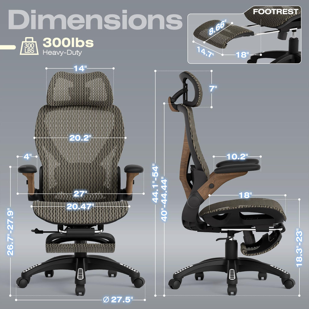 X100 Ergonomic Office Chair with Footrest, Big and Tall Home Desk Chair with 5D Flip-Up Arms, Adjustable 3D Lumbar Support,High Back Rolling Computer Chair, Swivel Mesh Chairs (Coffee Break)