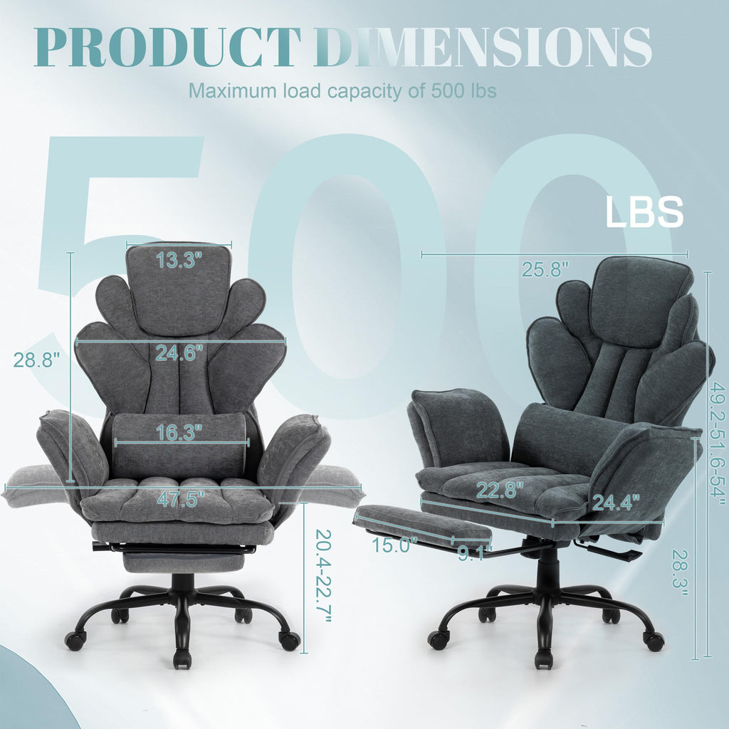 Flip Armrests Criss Cross Office Chair, Reclining Office Chair with Foot Rest, Adjustable Headrest, Massage Waist Pillow, Cross Legged Big and Tall Desk Chair Wide Seat Vanity Chair, Fabric Grey