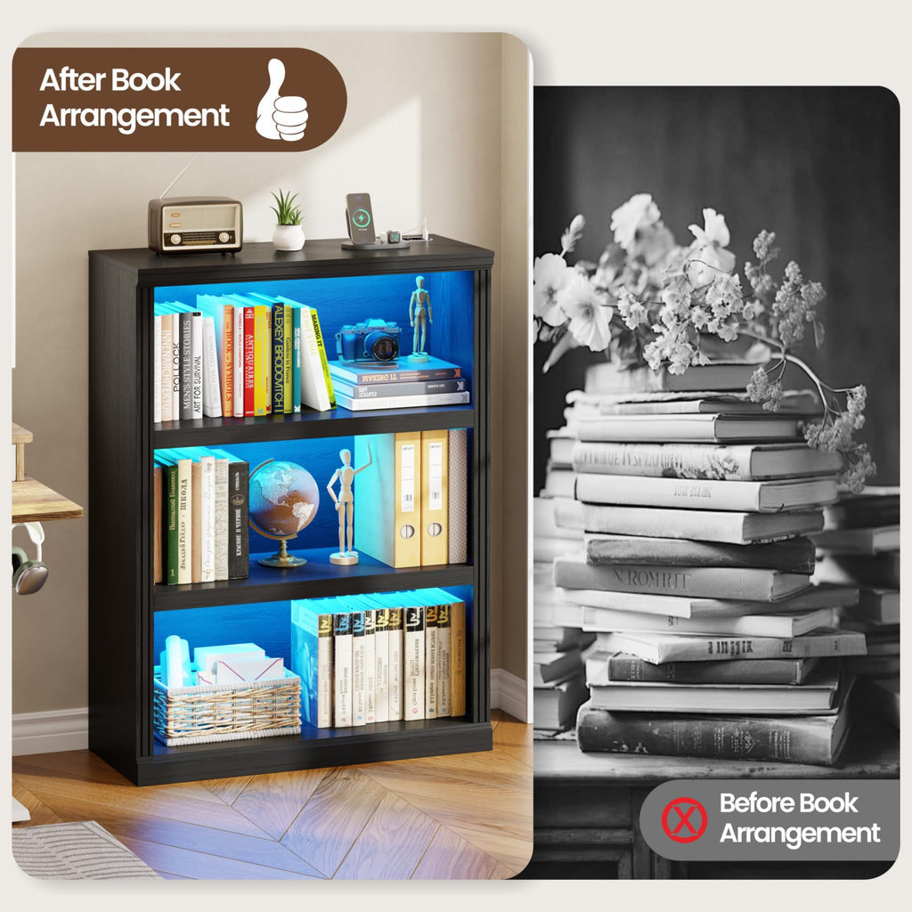 Modular LED Bookshelf with 3 Tiers, Motion Sensor and USB Charging - Black