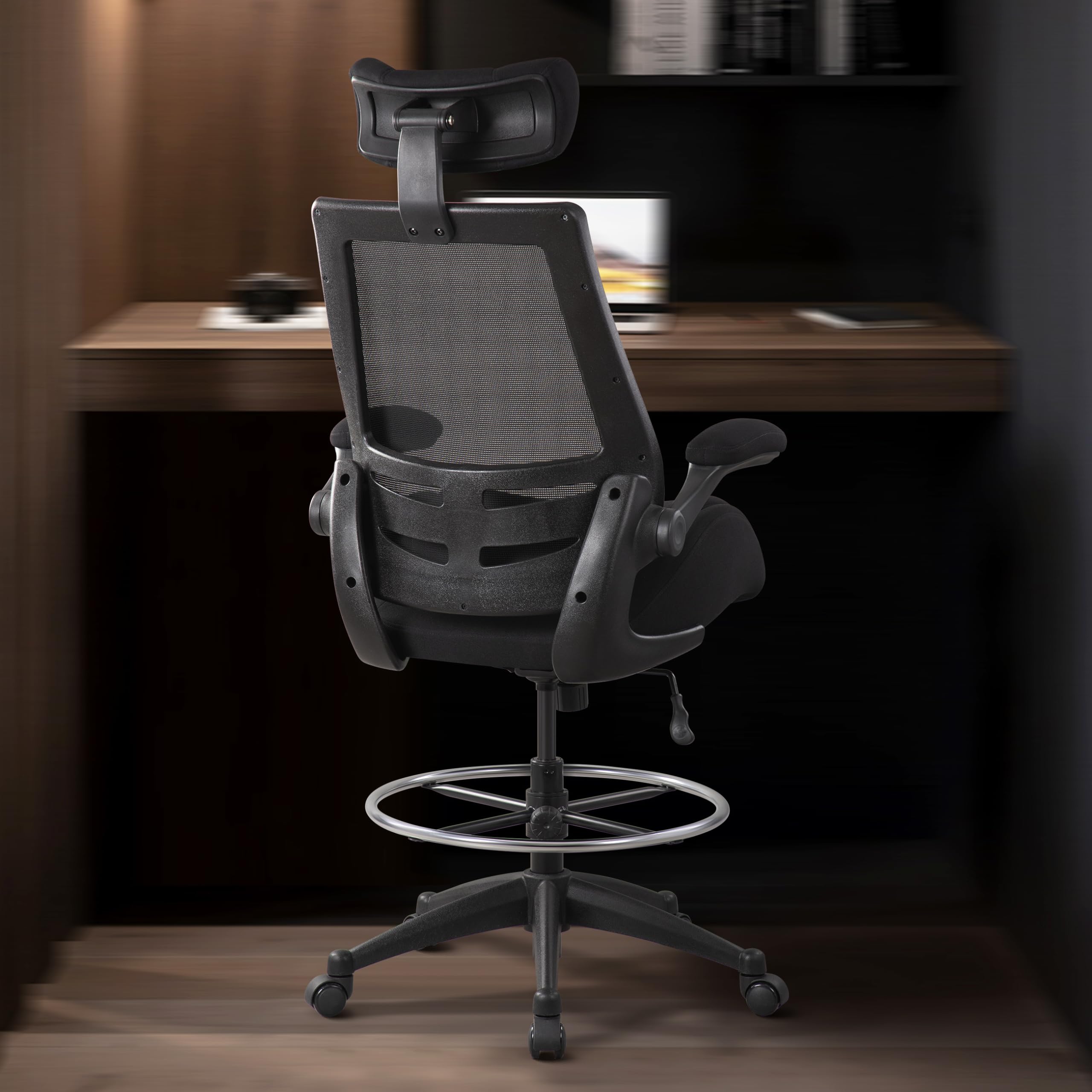 Drafting Chair 400lbs - High Back Ergonomic Office Chair for Standing Desk with Double Thick Seat Cushion, Adjustable Foot Ring, Lumbar Support & Flip Up Armrests (Black)