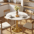 Sybrioka 27.6" Marble Round Tulip Table, Mid-Century Modern Style Dining Table with Gold Pedestal Base for 2-4 People, Featuring A Marble Tabletop for Kitchen, Dining Room, Cafe (White)