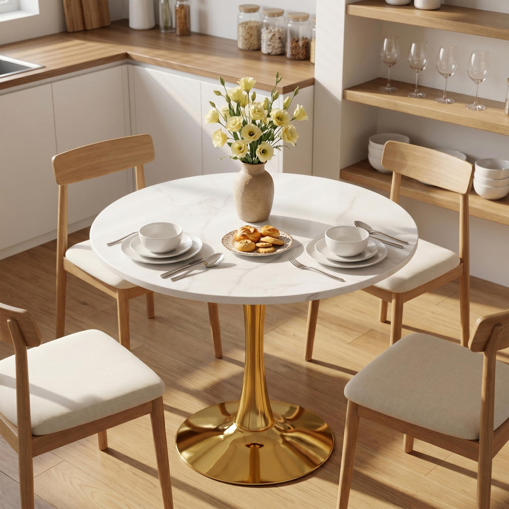 Sybrioka 27.6" Marble Round Tulip Table, Mid-Century Modern Style Dining Table with Gold Pedestal Base for 2-4 People, Featuring A Marble Tabletop for Kitchen, Dining Room, Cafe (White)