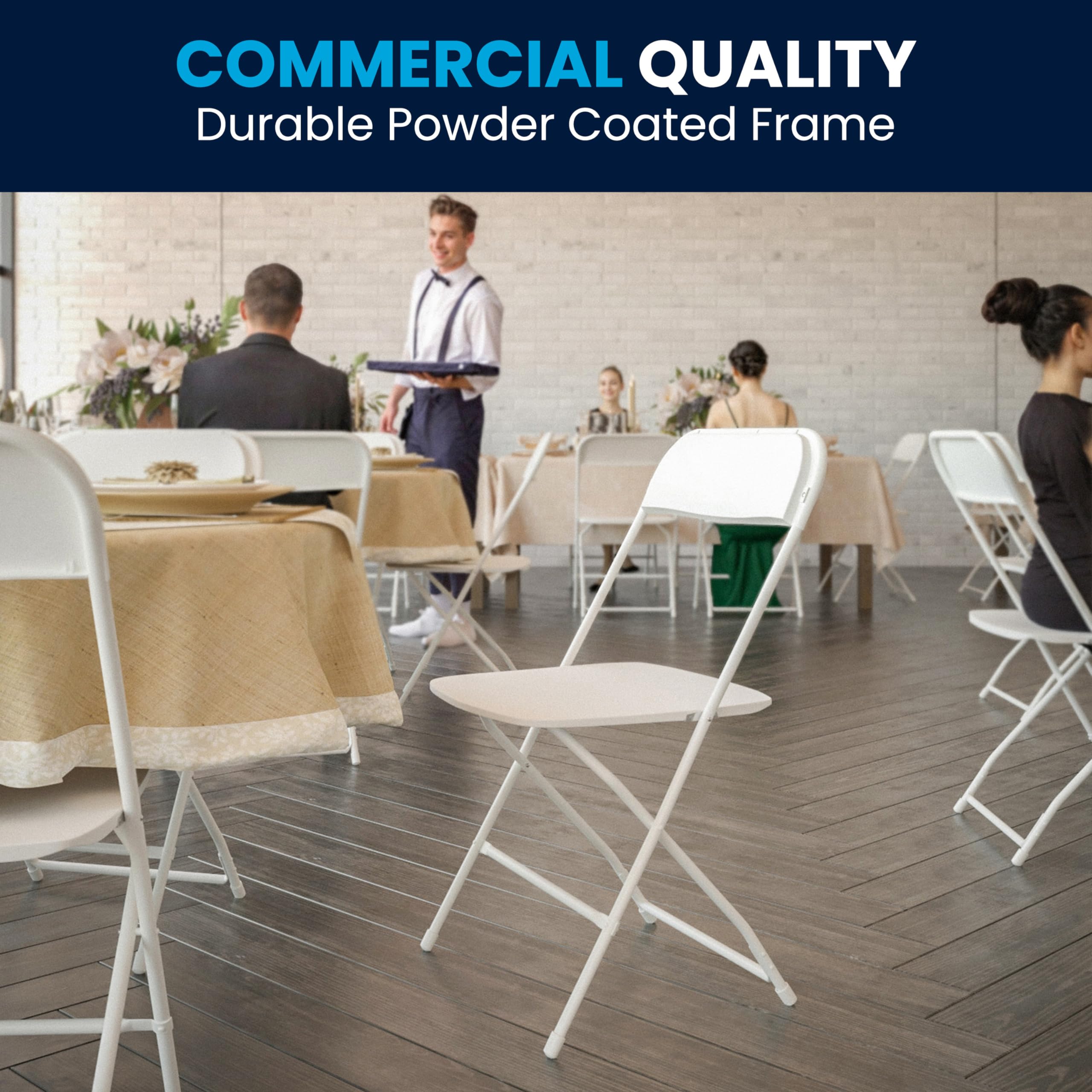 Hercules Set of 10 Indoor/Outdoor Heavy-Duty Plastic Folding Chairs, Foldable Commercial Stacking Chairs with 650-lb. Static Weight Capacity, White
