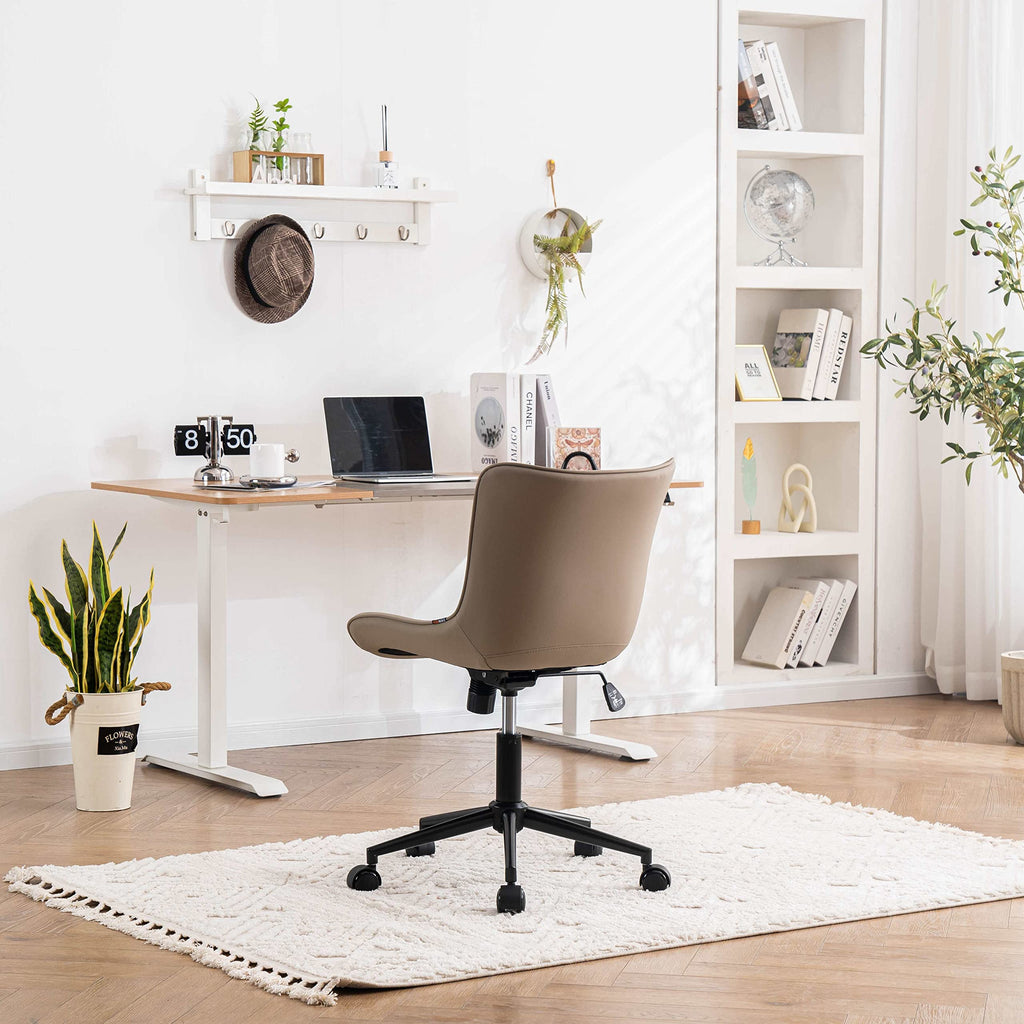 Khaki Comfy Home Office Desk Chair with Wheels Armless Vanity Chair with Back Ergonomic Modern Leather Upholstered Rolling Task Chair Small Cute Sewing Chair No Arms Wide Swivel Adjustable