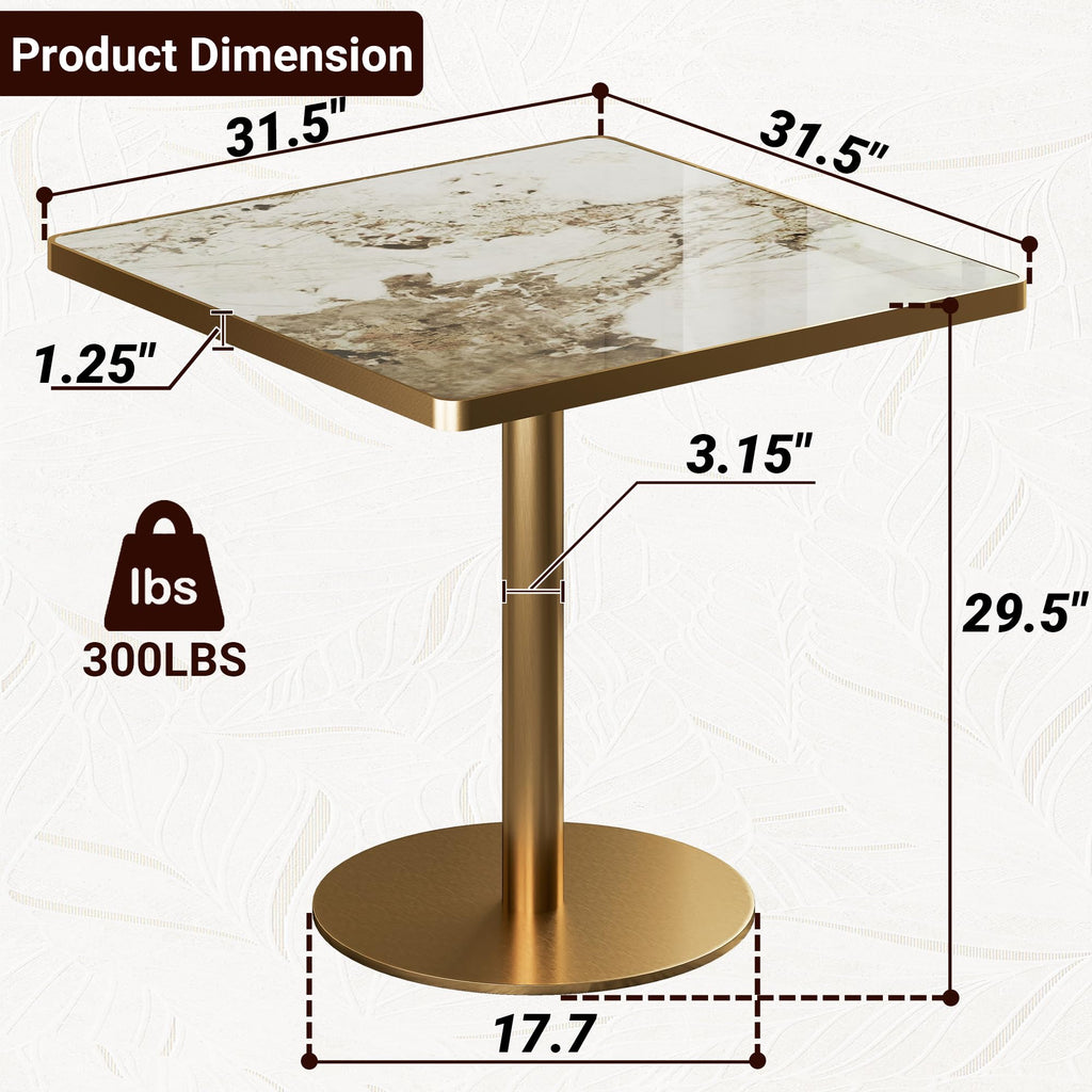 hausway 31.5" Tulip Table,Square Kitchen Dining Table for 2-4 with Thick Sintered Stone Top,Titanium Golden Pedestal Base,Heat-Resistant,Bistro Table for Dining Room,Café,Small Space（Cloud Amber）