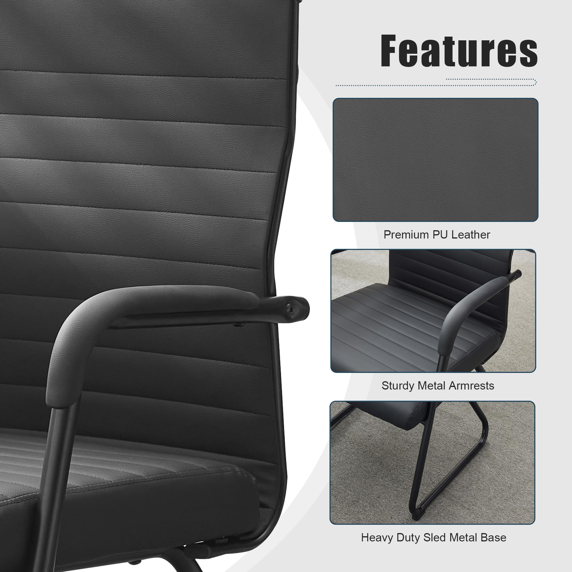 Office Chairs Set of 2, Modern Leather Reception Chairs with Mid Back & Sled Base, No-Wheel Desk Chairs for Waiting Room & Conference Room