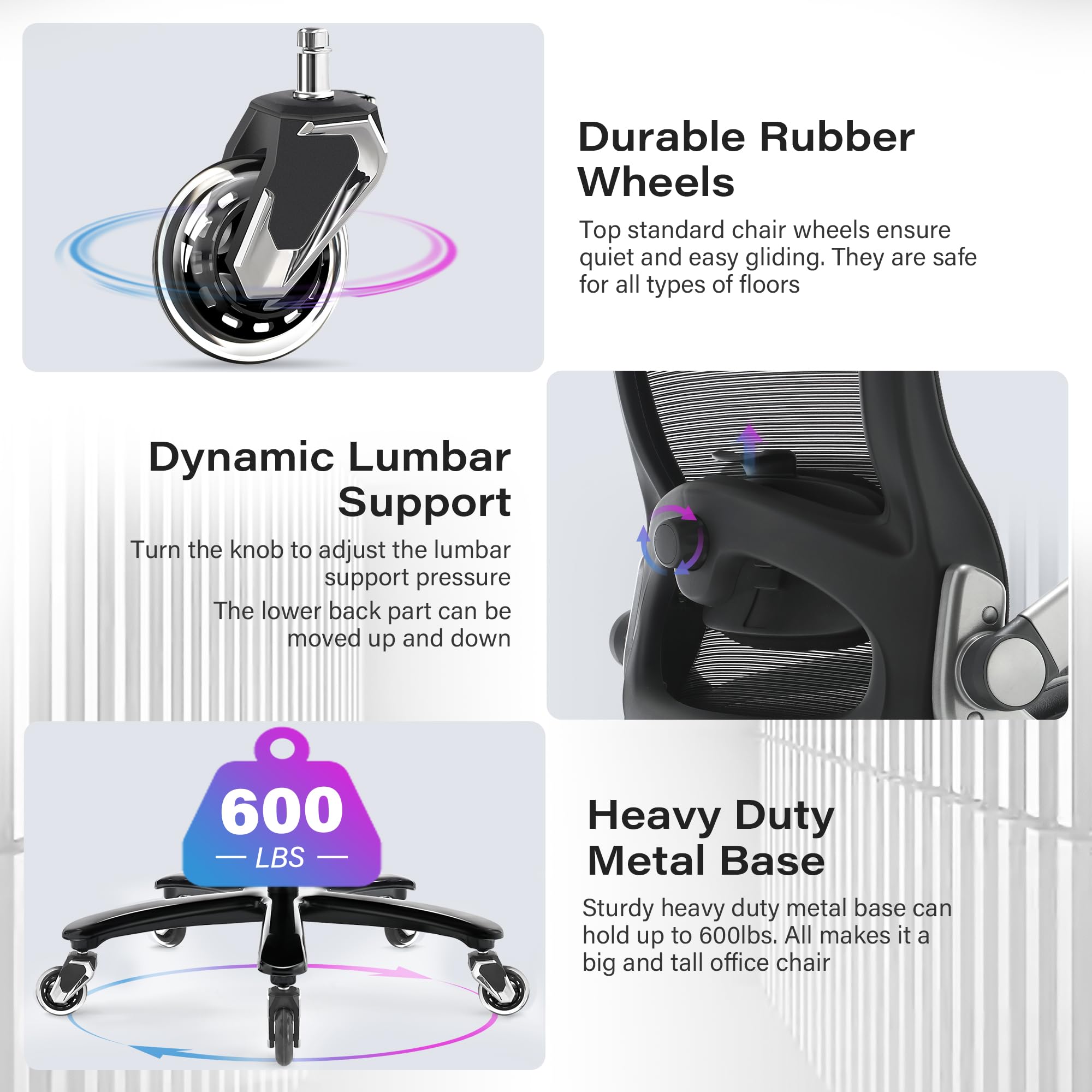 600lbs Big and Tall Office Chair- Heavy Duty Executive Computer Chair with 3D Flip Arms Large Wheels, Ergonomic Mesh High Back Desk Chair, Extra Wide Seat Adjustable Lumbar Support&Headrest