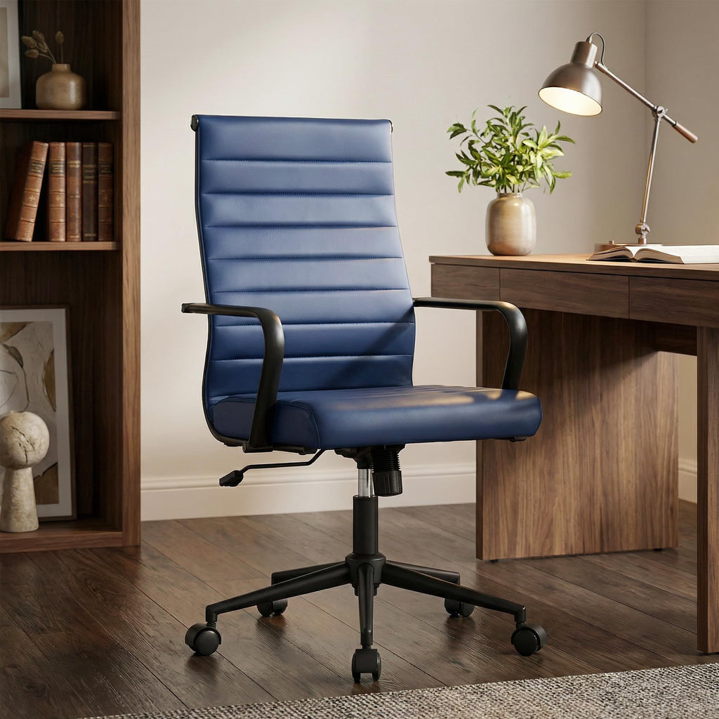 Blue Leather Office Desk Chair, Conference Room Chairs Executive Chair Ribbed, Ergonomic Height Adjustable Swivel Rolling Chair for Home Office.