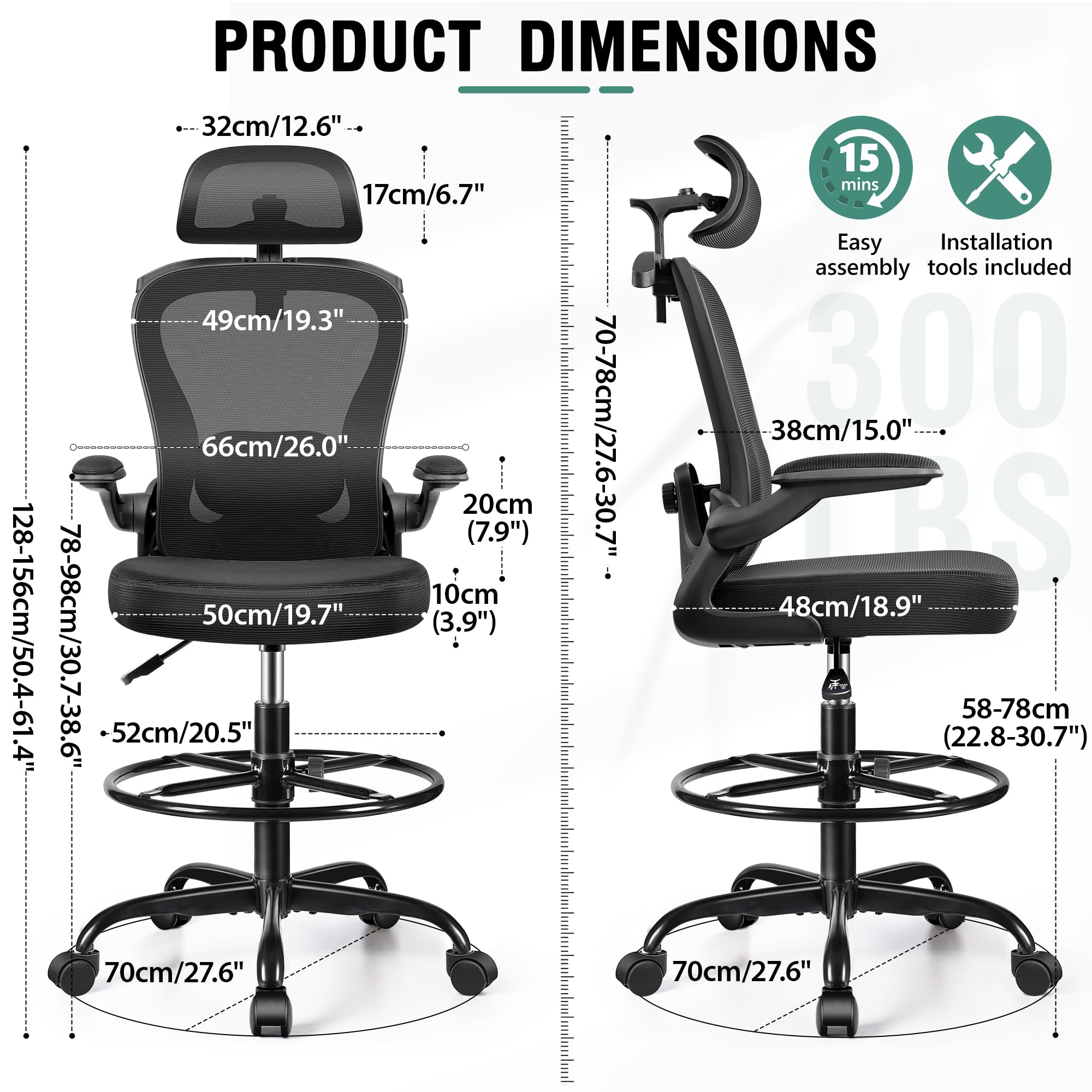 Drafting Chair, Tall Office Chair with 3D Lumbar & Head Support, Ergonomic Mesh Standing Desk Chair with Footring, Comfy Extended High Desk Chair with Flip-Up Arms & Hanger,Black
