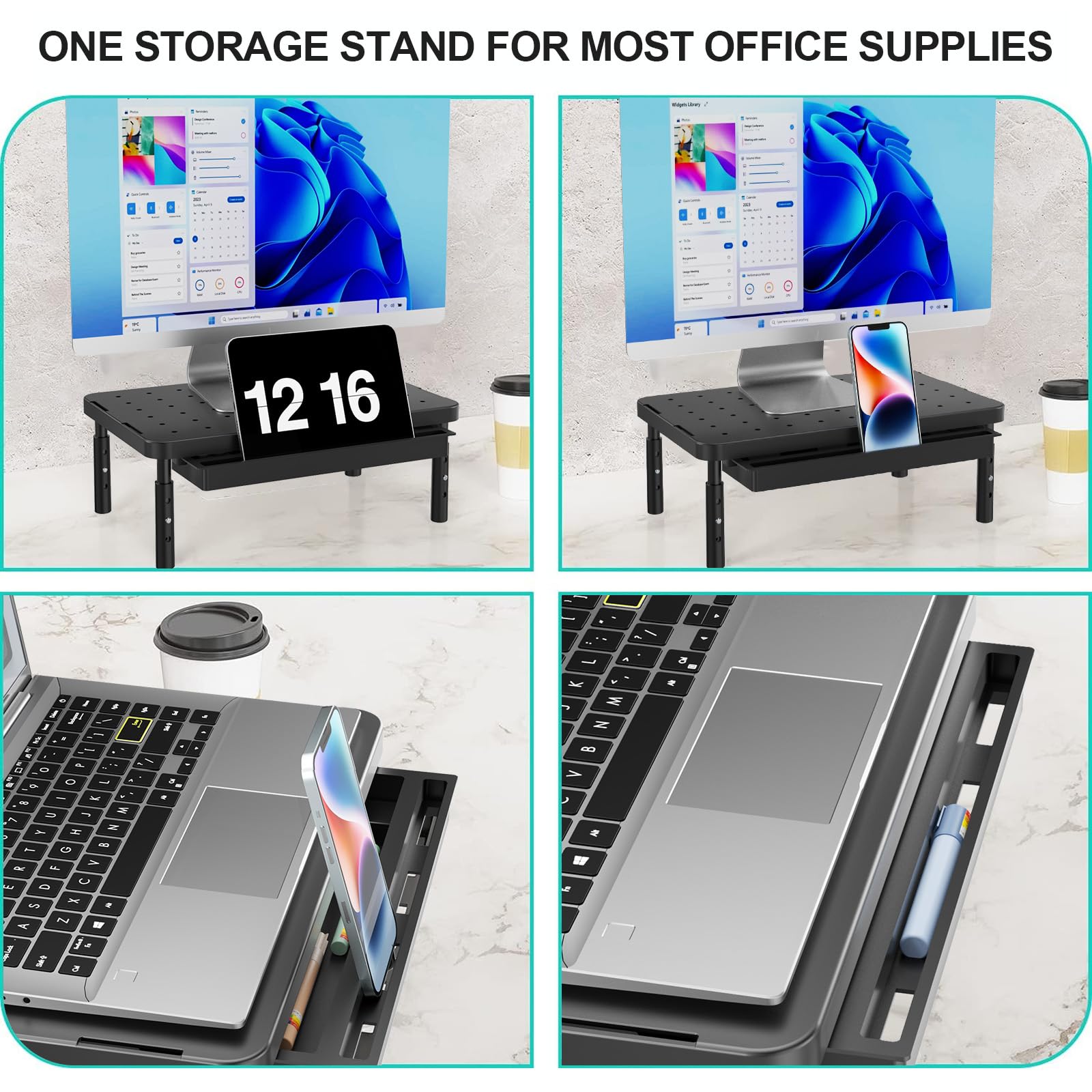 Computer Monitor Stand with Storage, Desk Monitor Riser 3 Height Adjustable, Laptop Riser with Airflow Vents, Desk Organizer for Computer, Laptop, Printer (PTT002-B), 1 Pack, Black