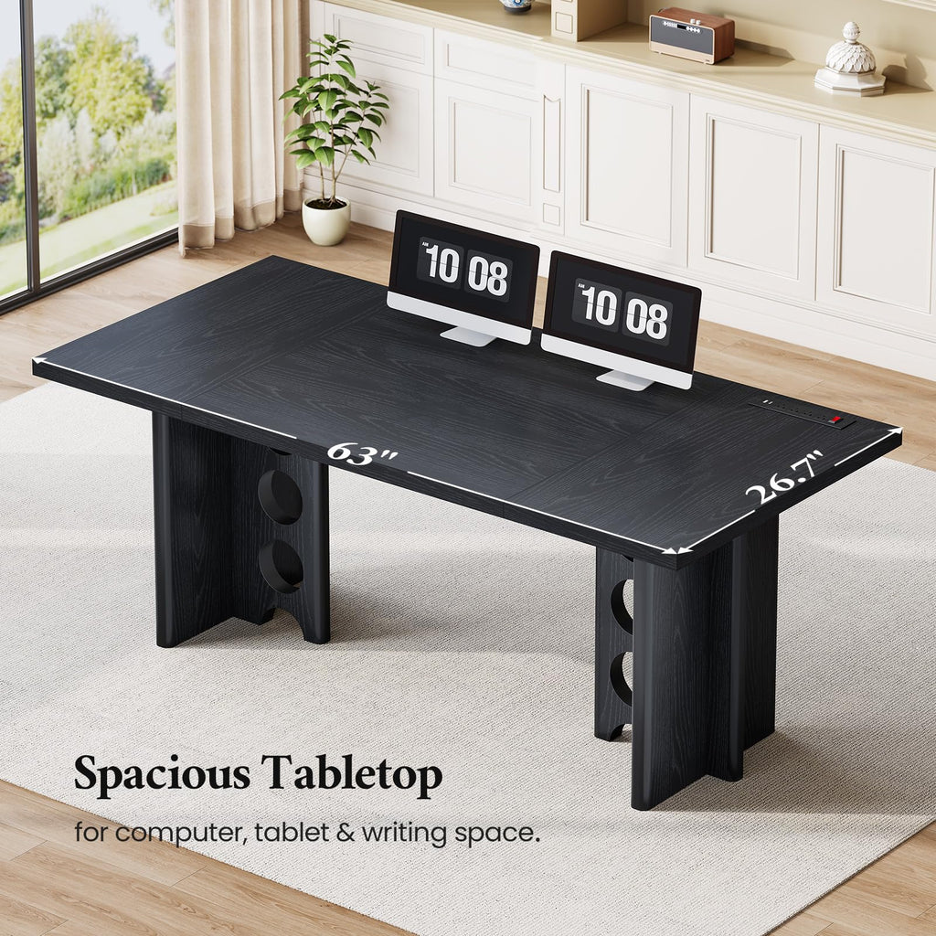 63 Inch Executive Office Desk, Large Computer Office Desks with Power Outlet, Modern Laptop Desk Writing Table Workstation Business Furniture for Home Office, Black