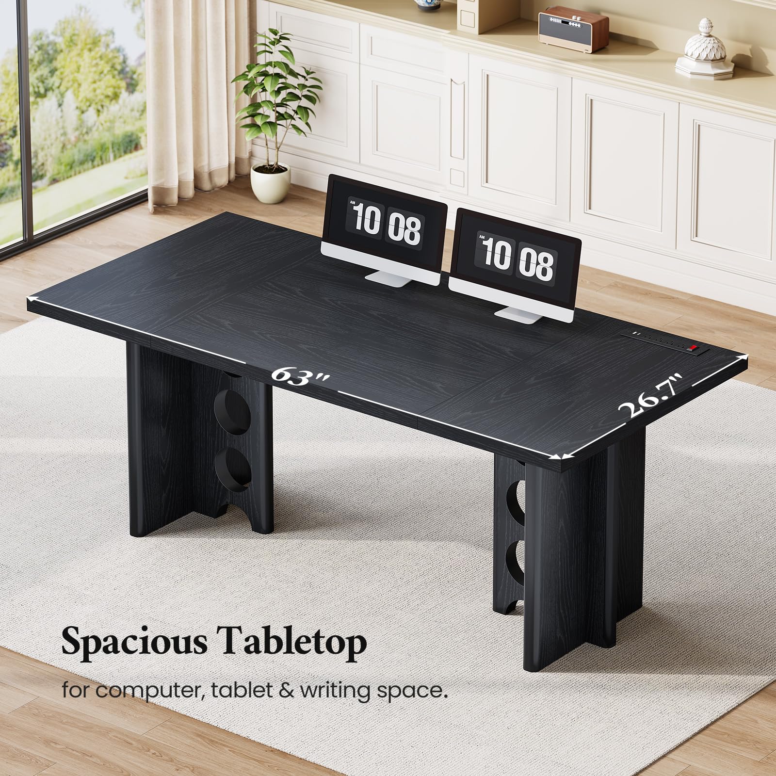 63 Inch Executive Office Desk, Large Computer Office Desks with Power Outlet, Modern Laptop Desk Writing Table Workstation Business Furniture for Home Office, Black