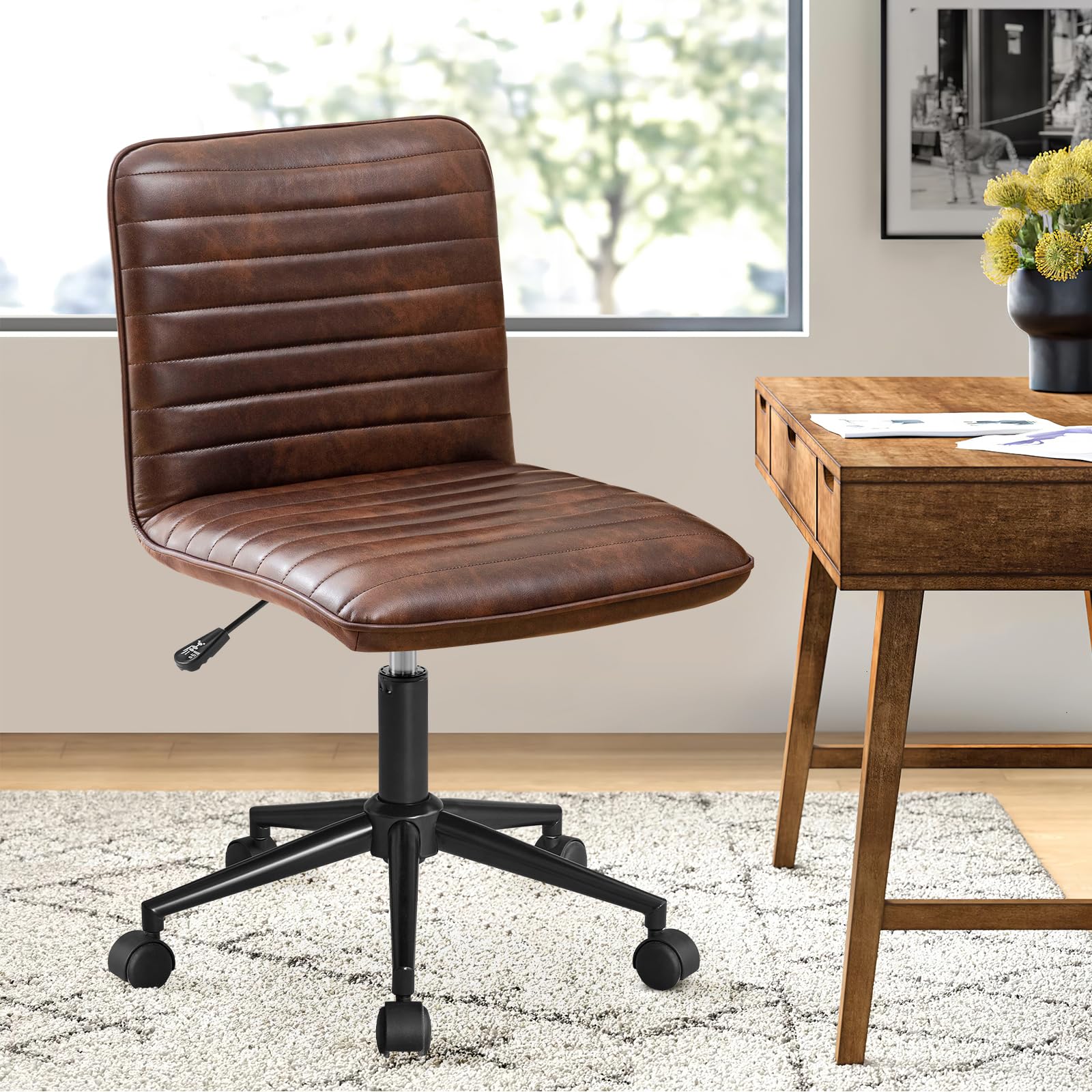 Leather Home Office Chair, Armless Vanity Desk Task Chair with Wheels 360° Swivel Computer Rolling Desk Chair with Back, Adjustable Accent Chair with Base Stool