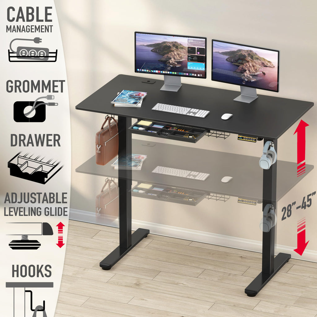 55 x 28 Inches Electric Height Adjustable Standing Desk with Drawer and Memory Preset, Black