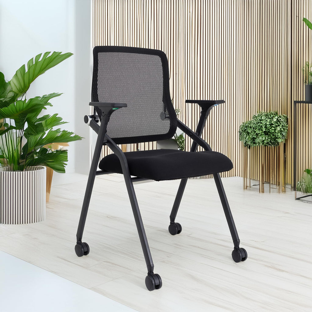 10 Pack Black, Updated Conference Room Chairs, Folding Office Desk Chair with Lumbar Support and Sliding Armrest with Casters, Stackable Office Guest Chairs & Reception Chairs