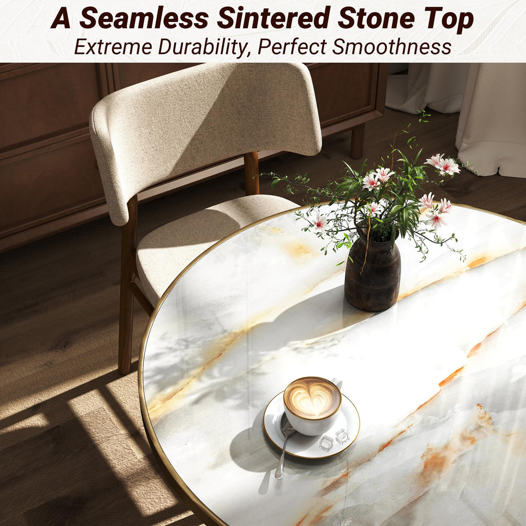 hausway 31.5" Tulip Table,Round Kitchen Dining Table for 2-4 with Thick Sintered Stone Top,Titanium Golden Pedestal Base,Heat-Resistant,Bistro Table for Dining Room,Café,Small Space（Sunrise Strings）